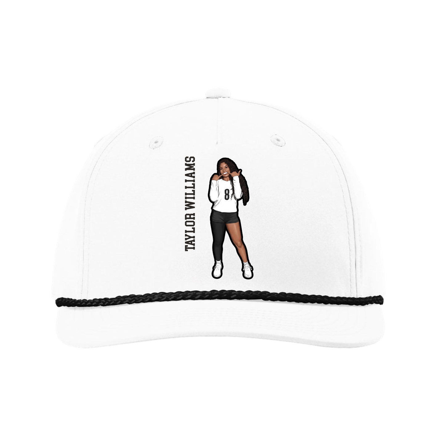 Five-Panel Classic Rope Cap — Name Vertical in White