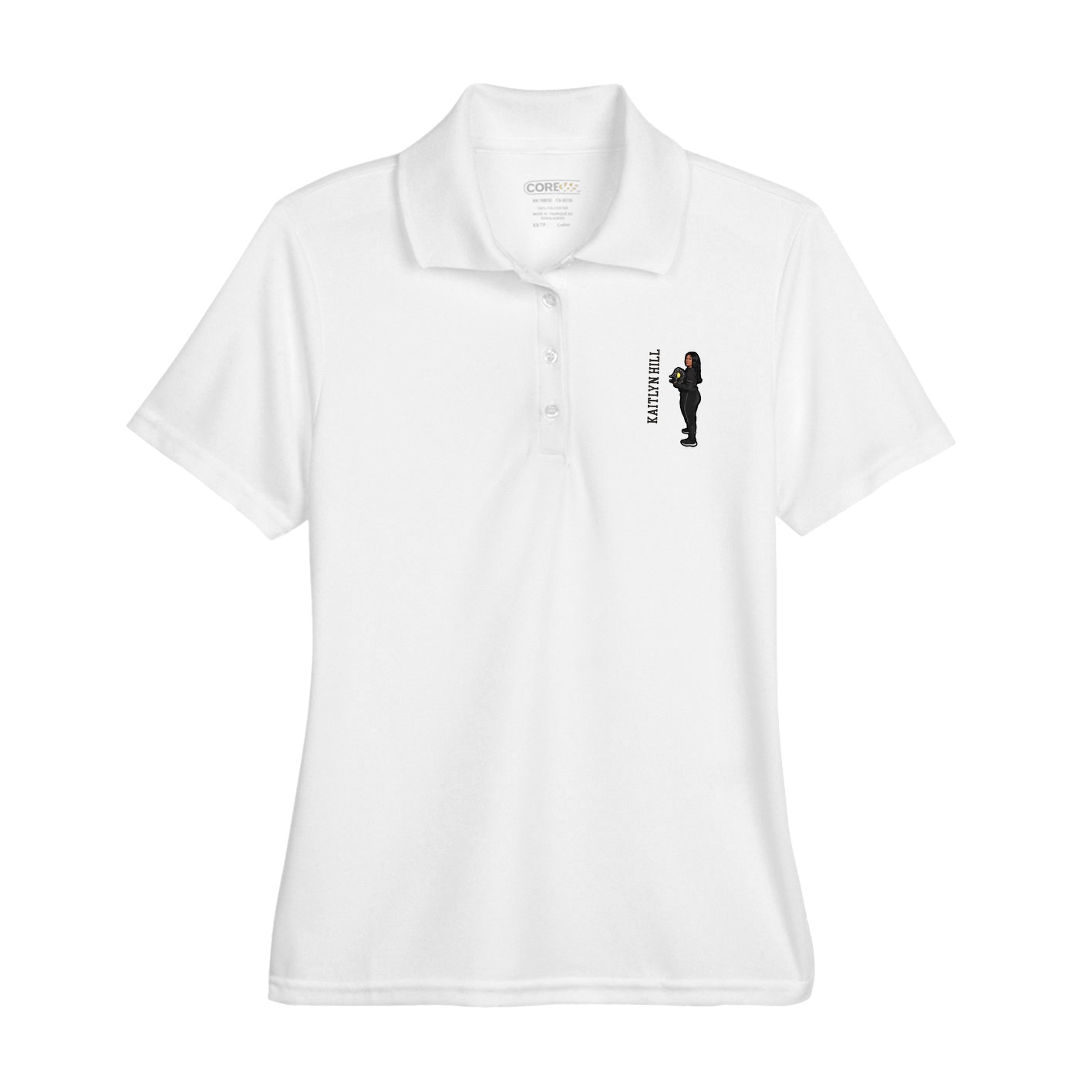Womens Performance Polo — Name Vertical in White