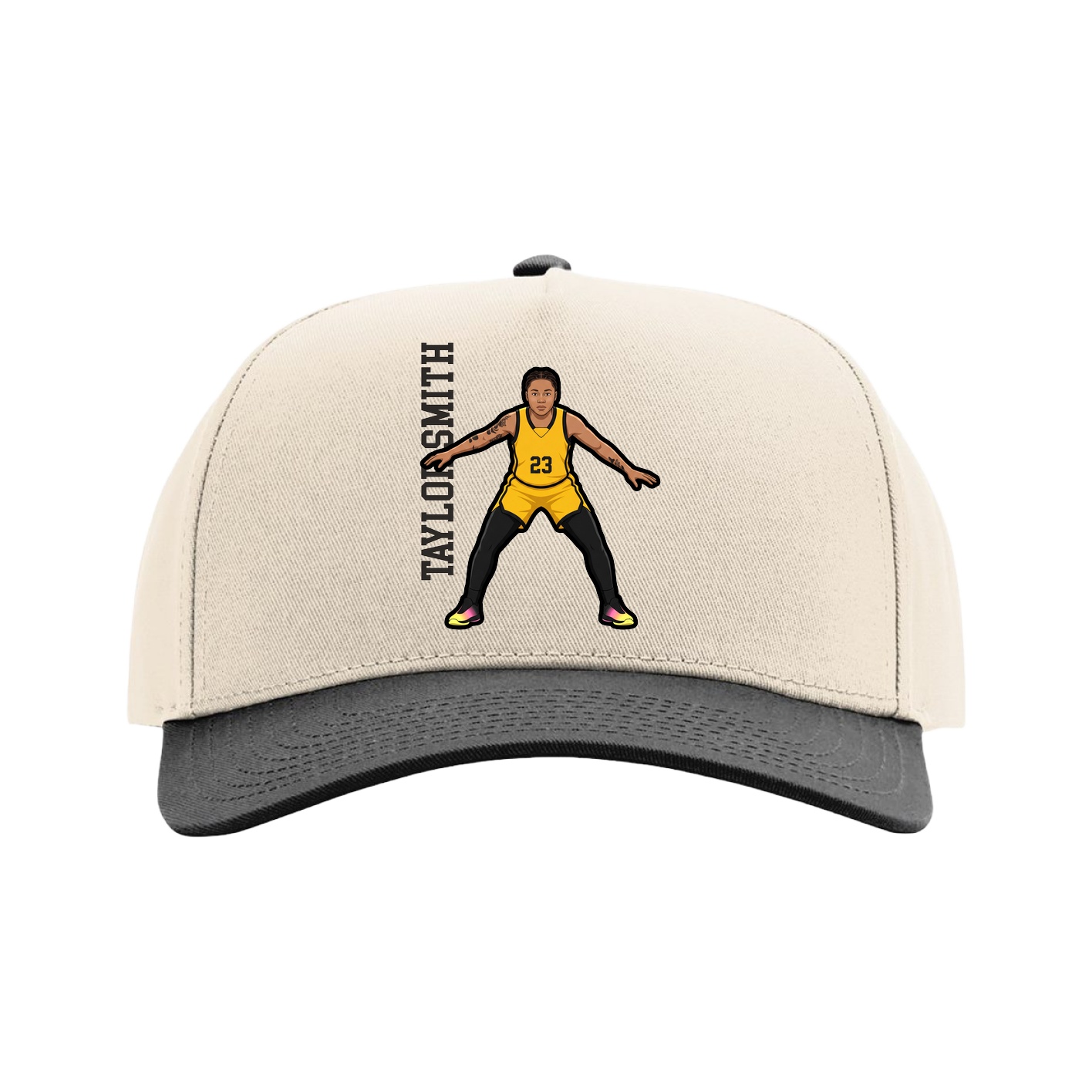 Full Fabric Five-Panel Champ Cap — Name Vertical in Cream/Black