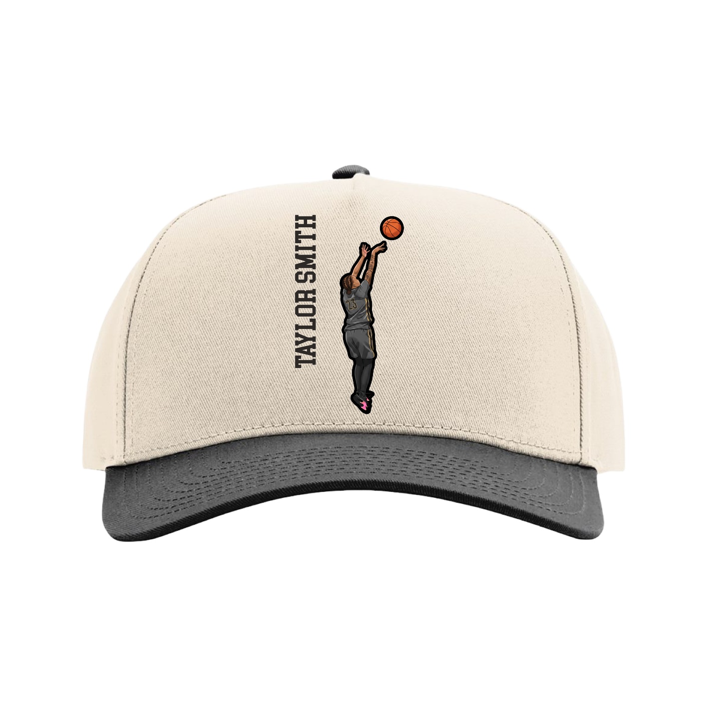 Full Fabric Five-Panel Champ Cap — Name Vertical in Cream/Black