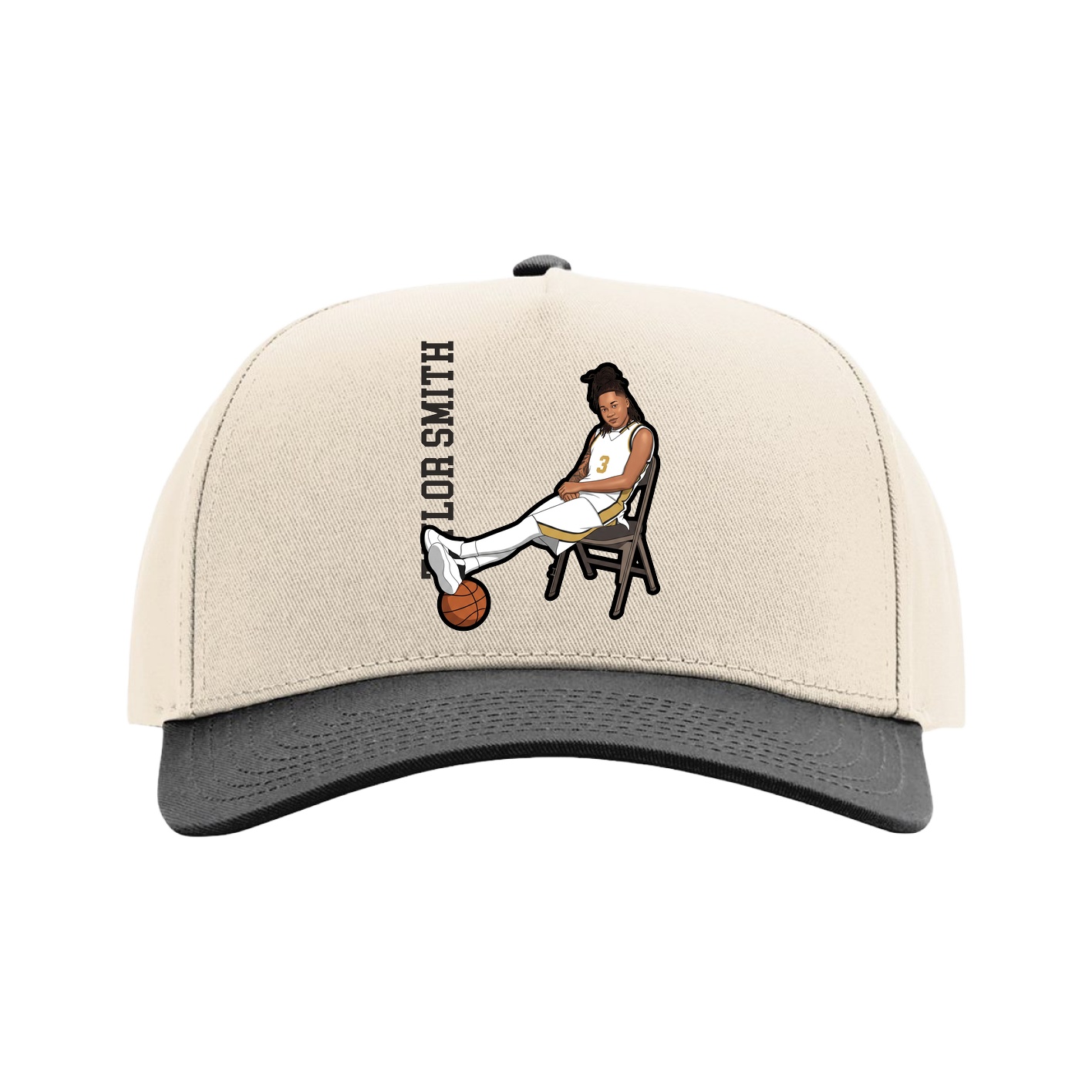 Full Fabric Five-Panel Champ Cap — Name Vertical in Cream/Black