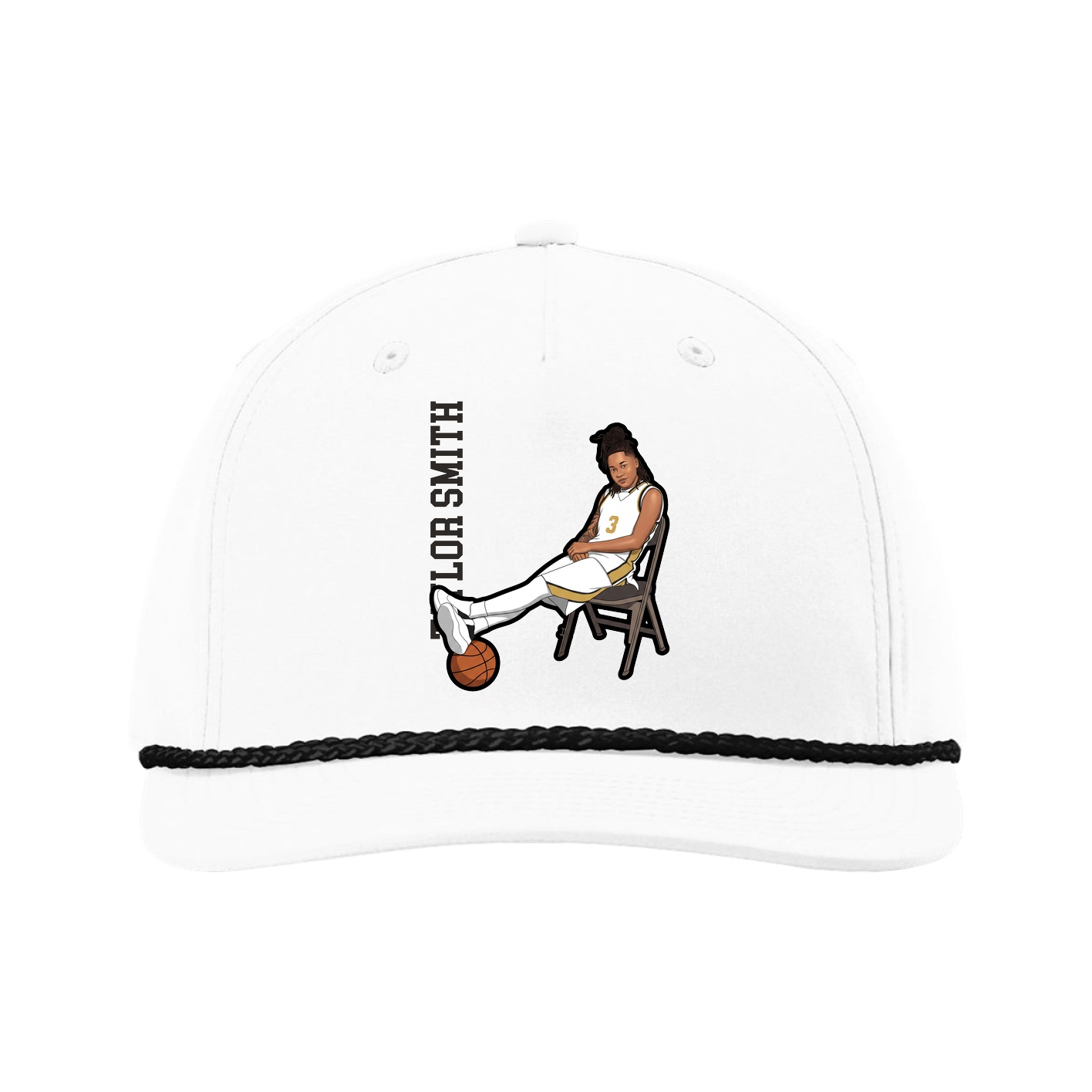 Five-Panel Classic Rope Cap — Name Vertical in White