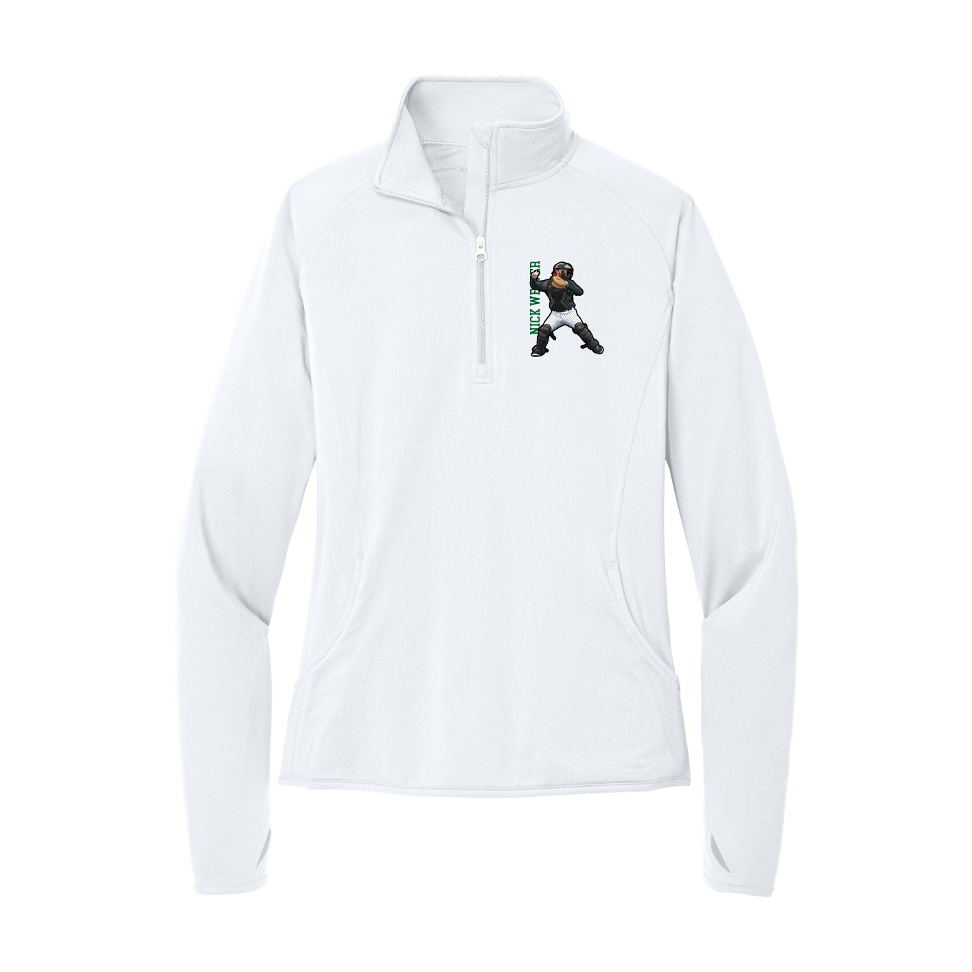 Women's Q-Zip Pullover — Name Vertical in White
