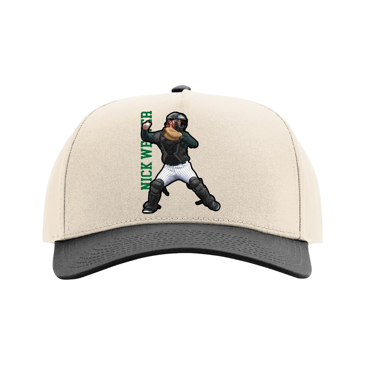 Full Fabric Five-Panel Champ Cap — Name Vertical in Cream/Black