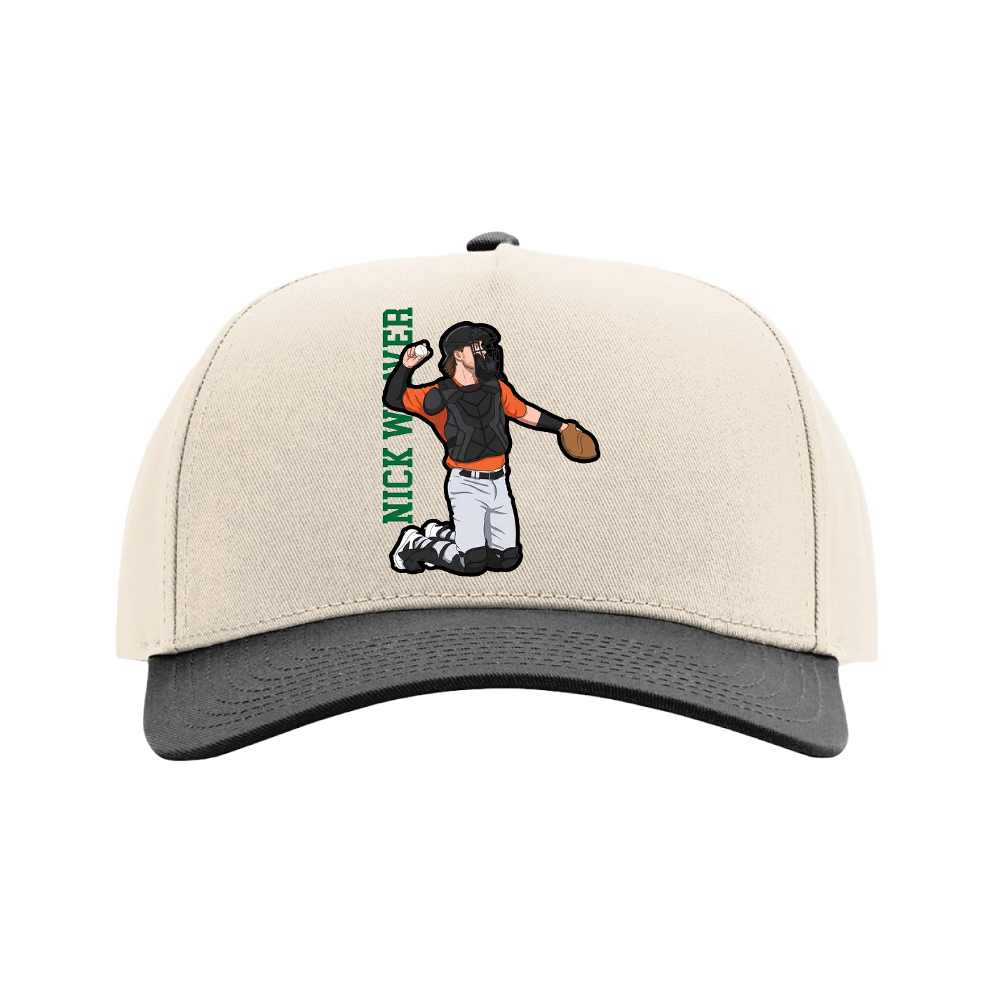 Full Fabric Five-Panel Champ Cap — Name Vertical in Cream/Black