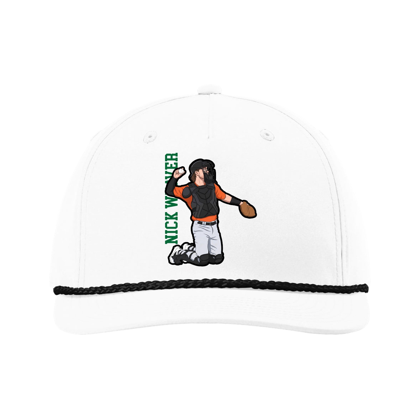 Five-Panel Classic Rope Cap — Name Vertical in White