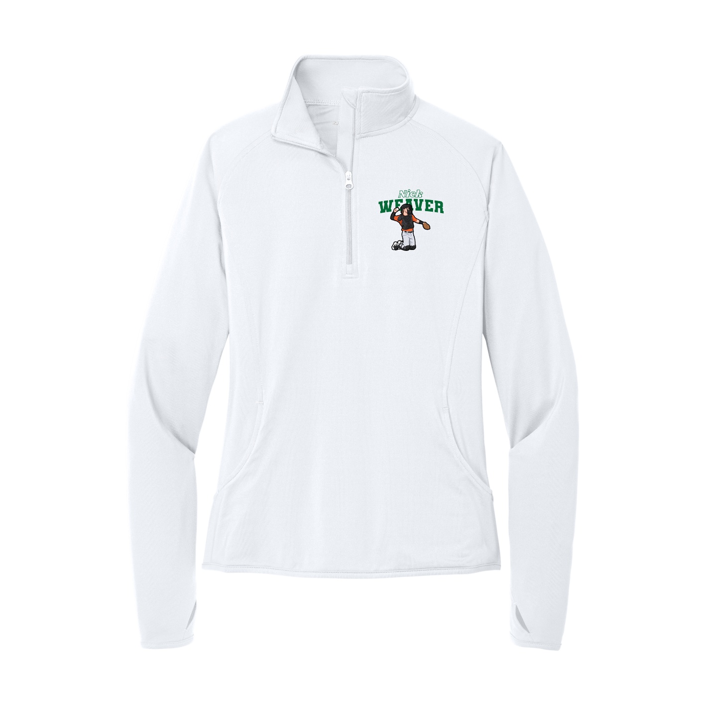 Women's Q-Zip Pullover — Name Arch in White
