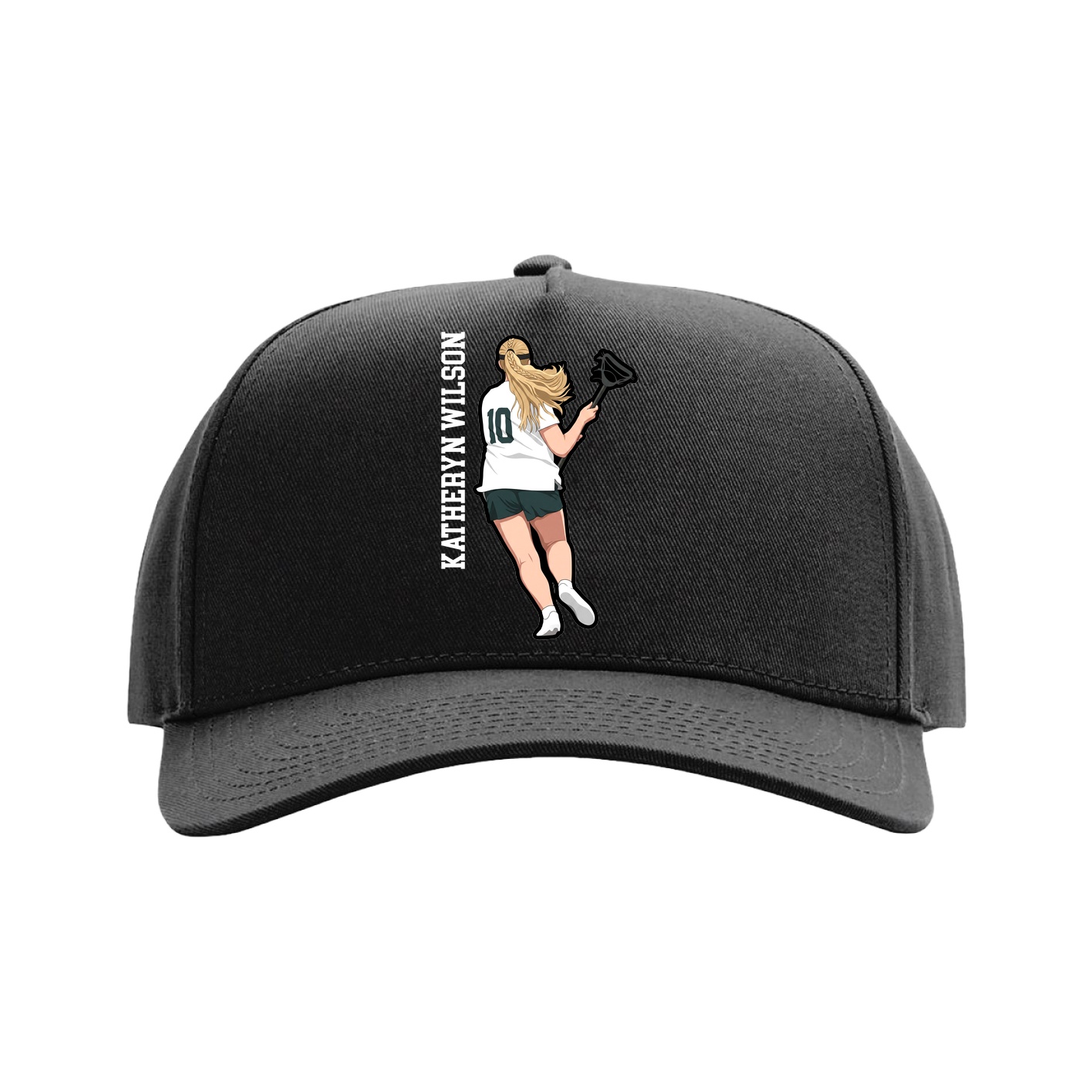 Full Fabric Five-Panel Champ Cap — Name Vertical in Black