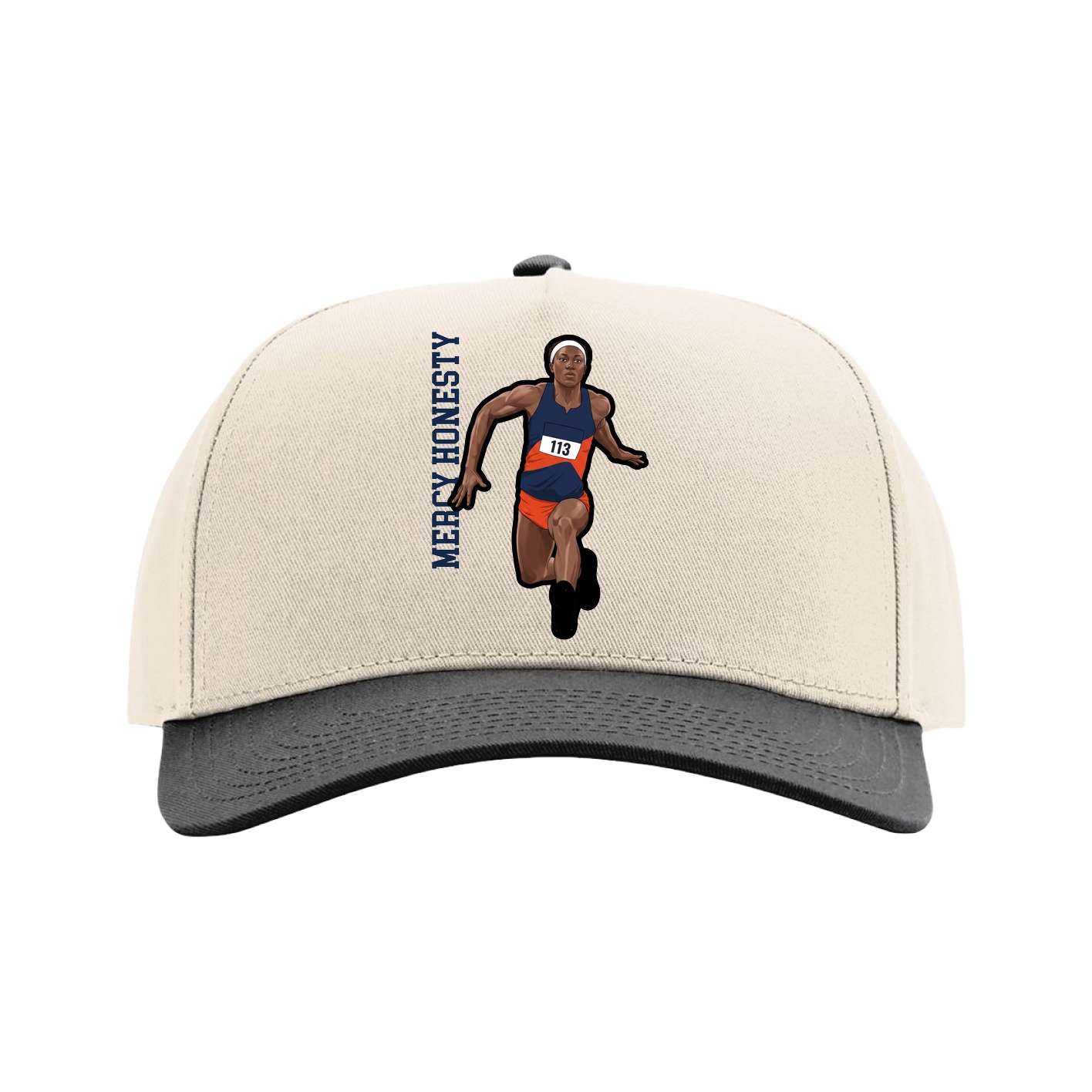 Full Fabric Five-Panel Champ Cap — Name Vertical in Cream/Black