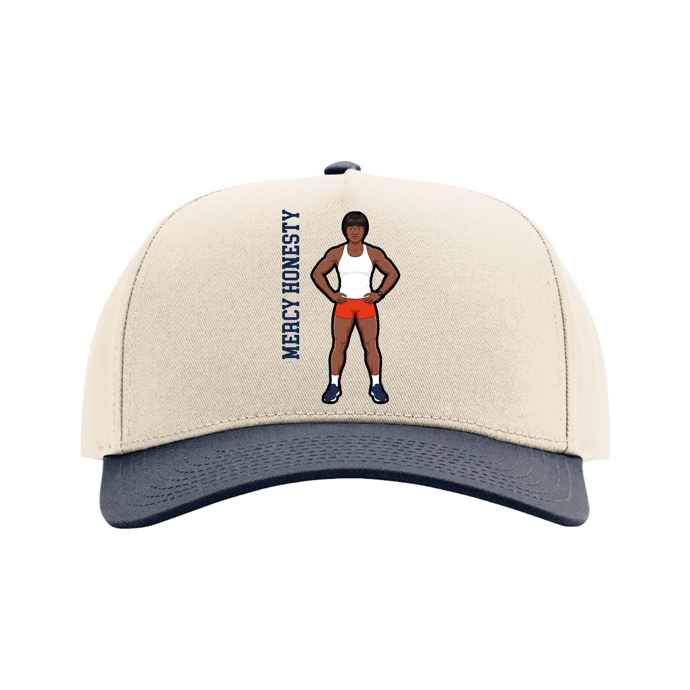 Full Fabric Five-Panel Champ Cap — Name Vertical in Cream/Navy
