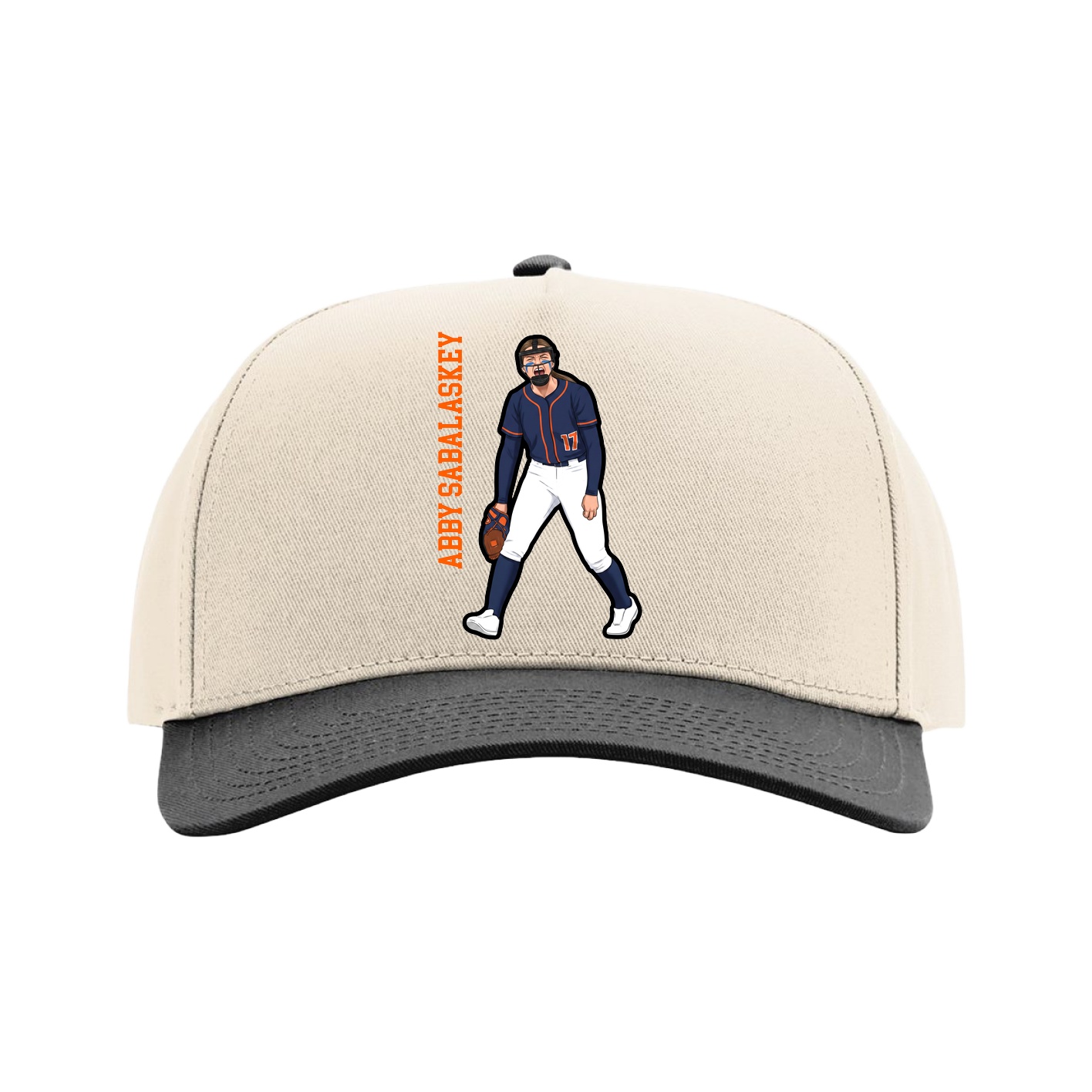 Full Fabric Five-Panel Champ Cap — Name Vertical in Cream/Black