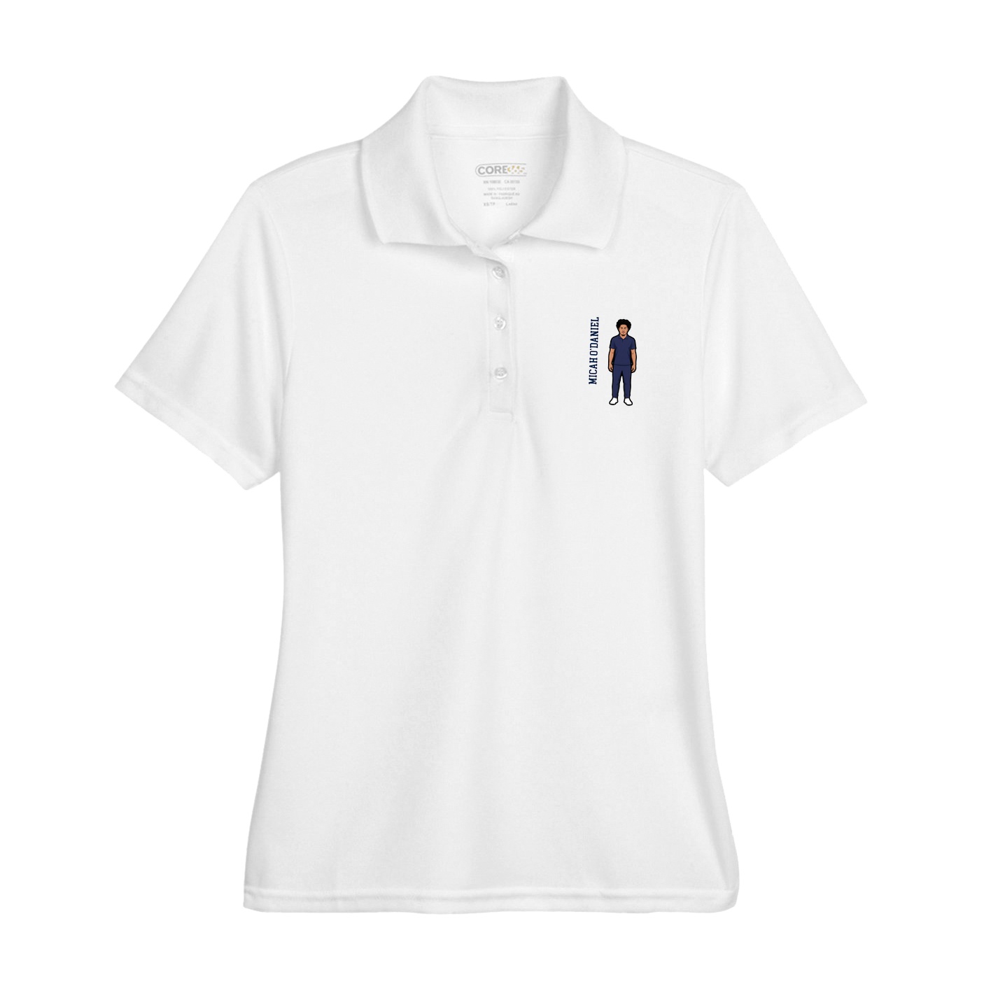 Womens Performance Polo — Name Vertical in White