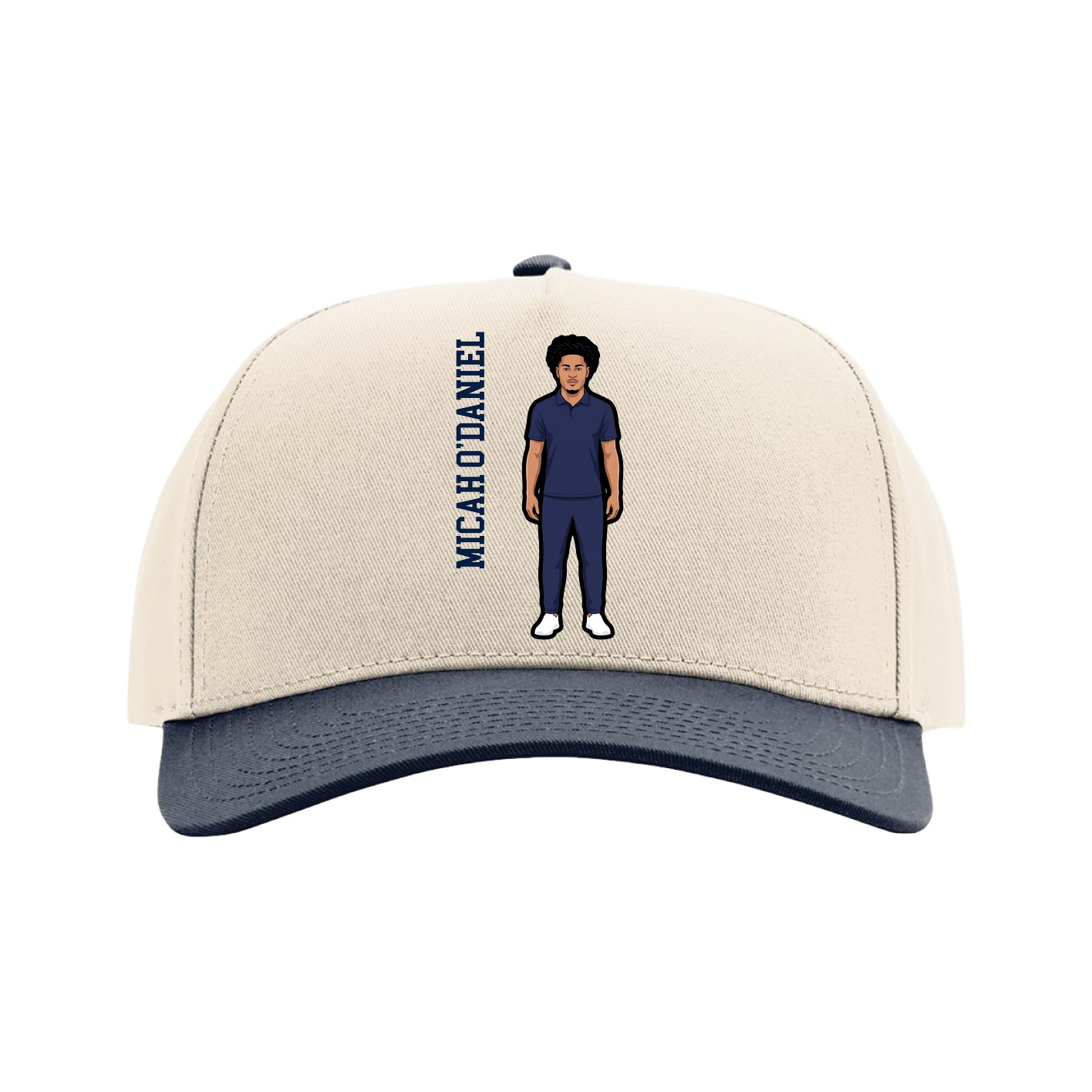 Full Fabric Five-Panel Champ Cap — Name Vertical in Cream/Navy