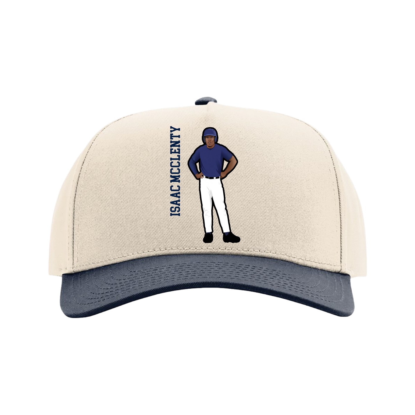 Full Fabric Five-Panel Champ Cap — Name Vertical in Cream/Navy