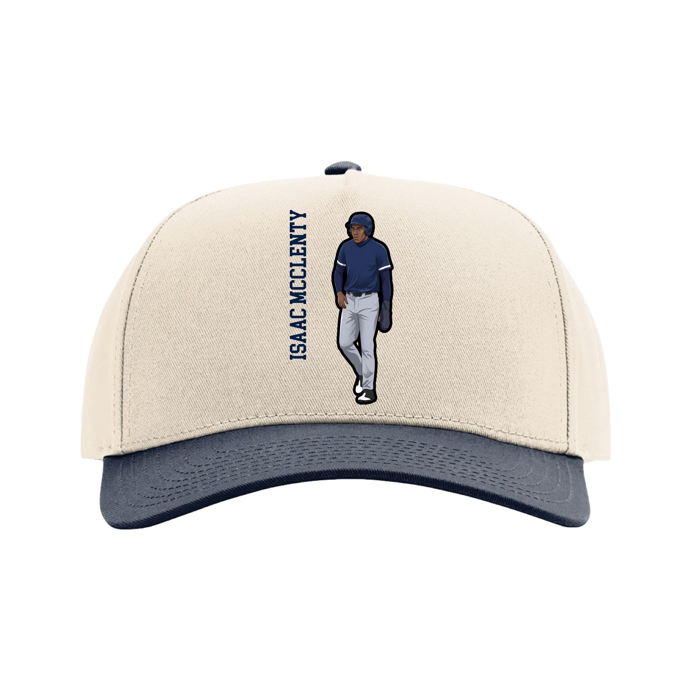 Full Fabric Five-Panel Champ Cap — Name Vertical in Cream/Navy