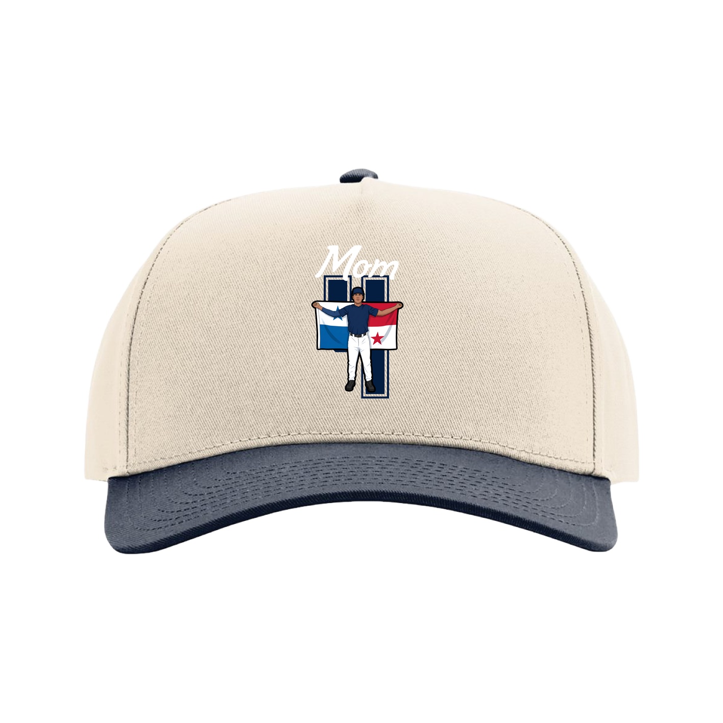 Full Fabric Five-Panel Champ Cap — Mothers Day Shirsey in Cream/Navy