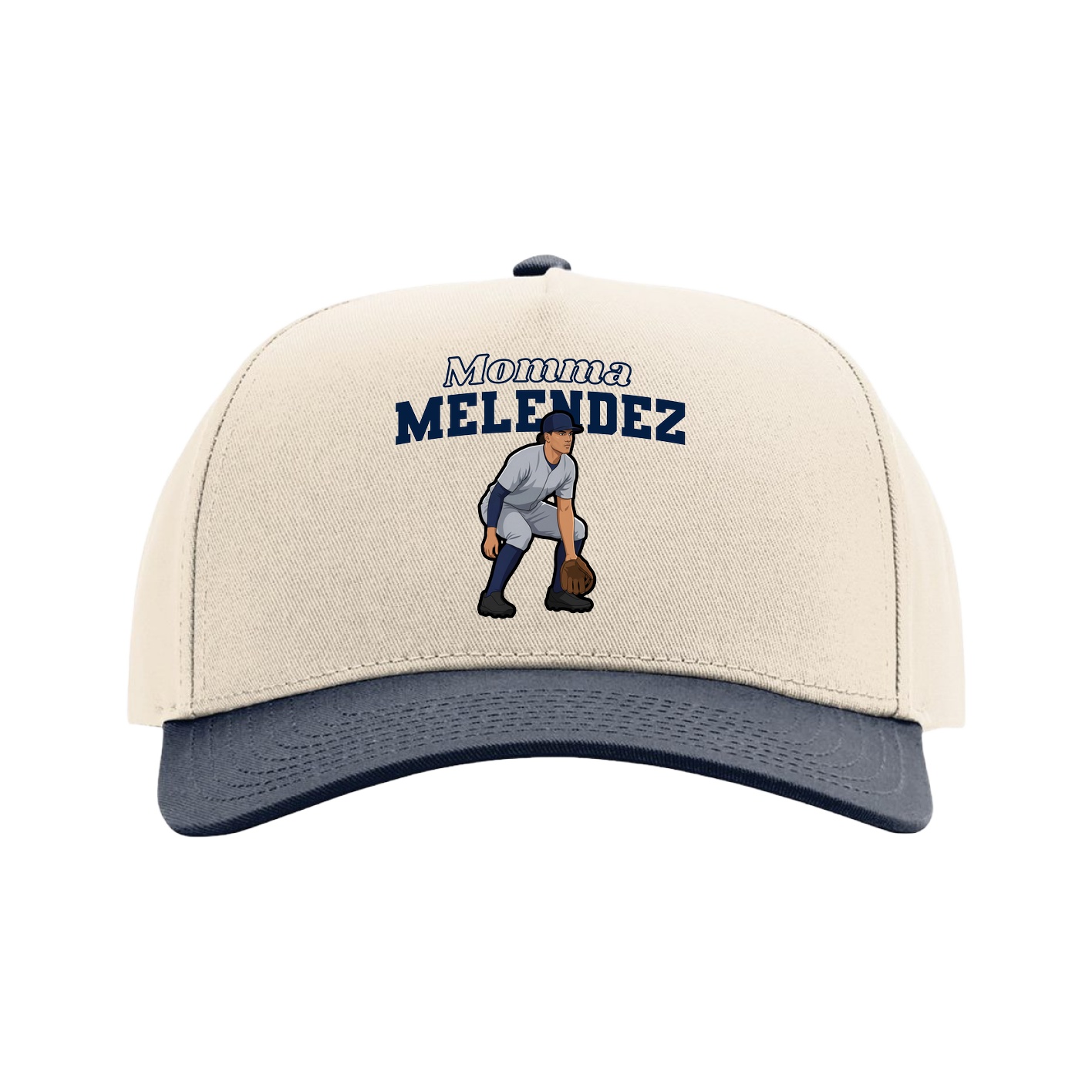 Full Fabric Five-Panel Champ Cap — Mothers Day Block in Cream/Navy