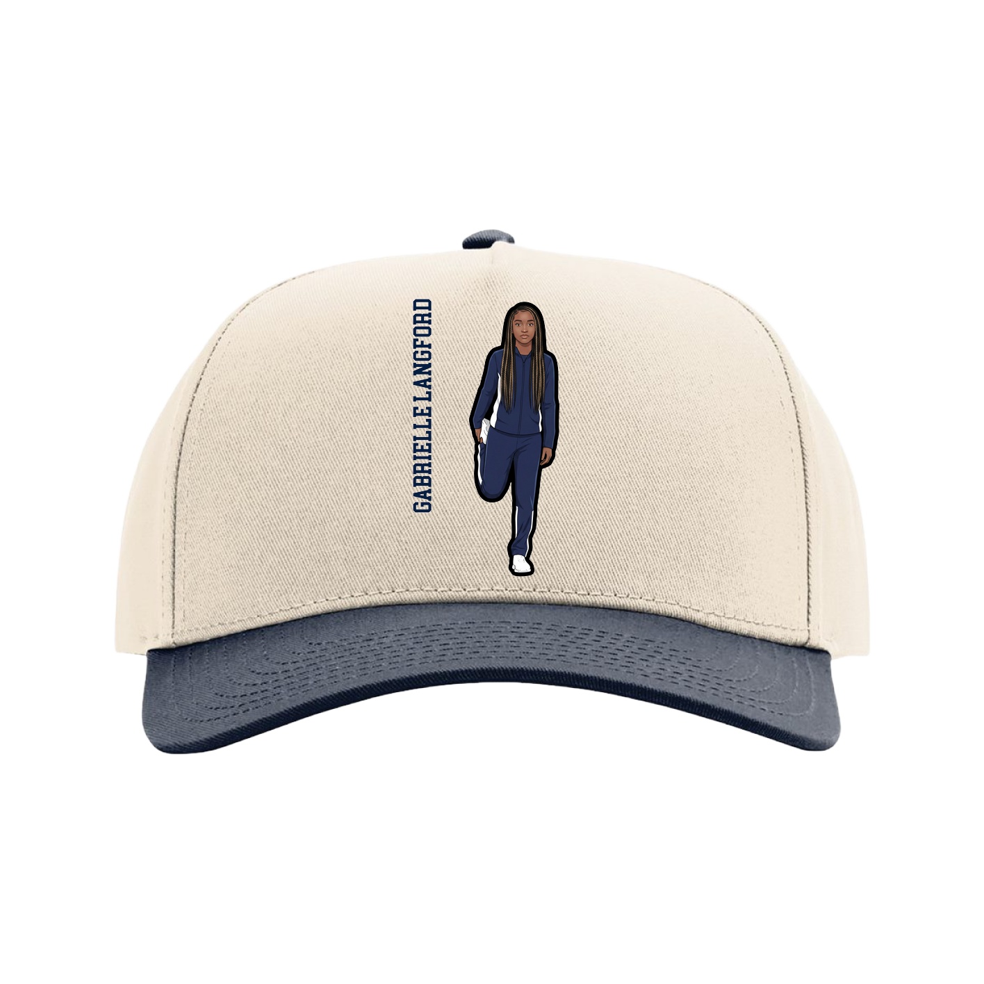 Full Fabric Five-Panel Champ Cap — Name Vertical in Cream/Navy