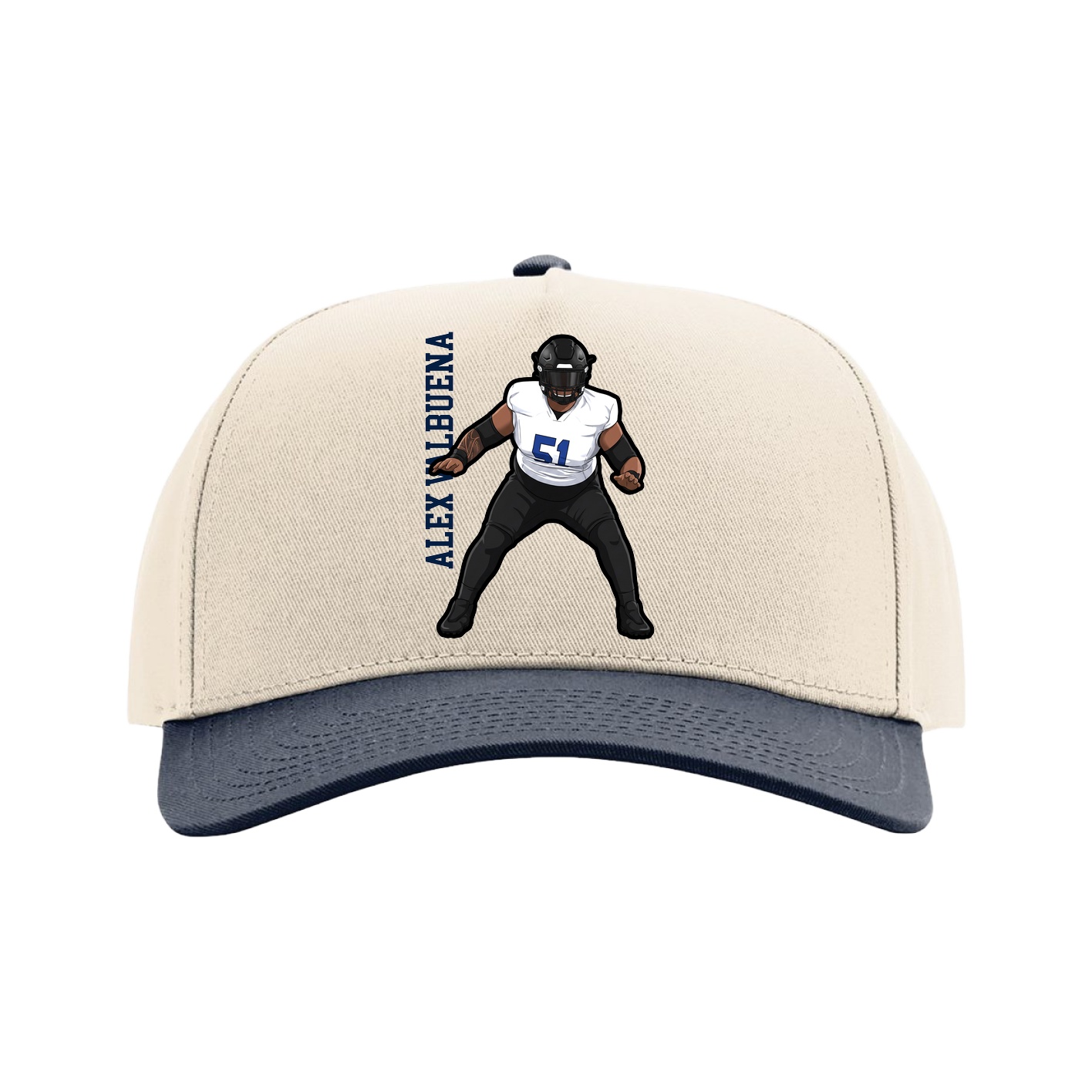 Full Fabric Five-Panel Champ Cap — Name Vertical in Cream/Navy
