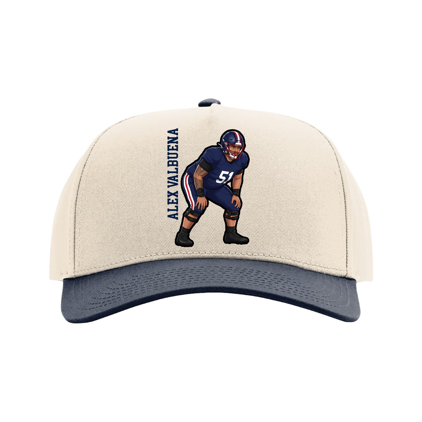 Full Fabric Five-Panel Champ Cap — Name Vertical in Cream/Navy