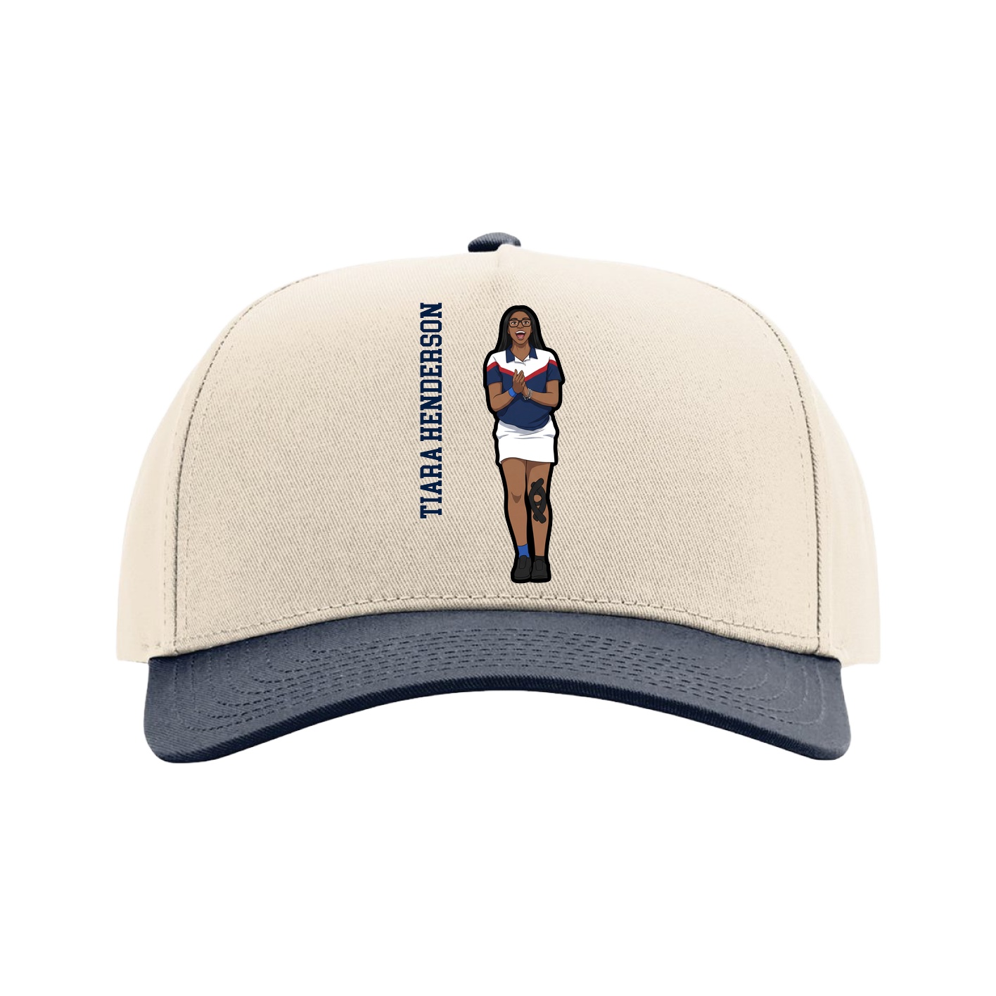 Full Fabric Five-Panel Champ Cap — Name Vertical in Cream/Navy