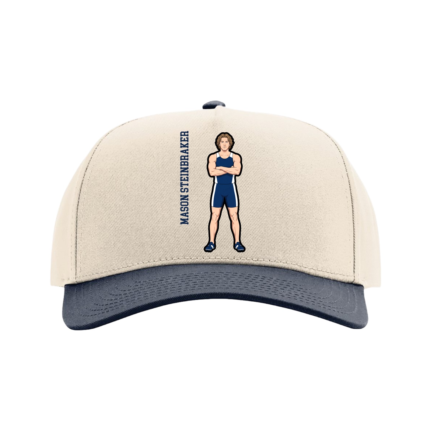 Full Fabric Five-Panel Champ Cap — Name Vertical in Cream/Navy