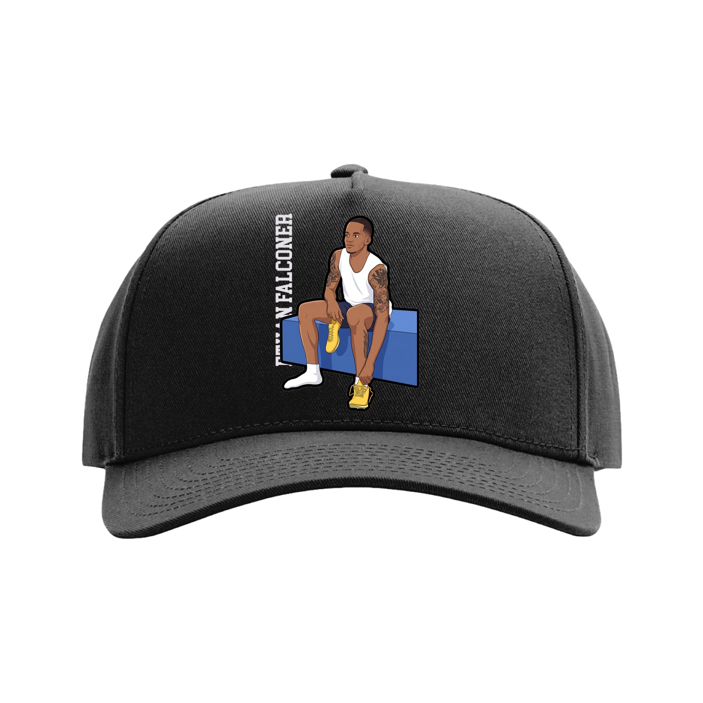 Full Fabric Five-Panel Champ Cap — Name Vertical in Black