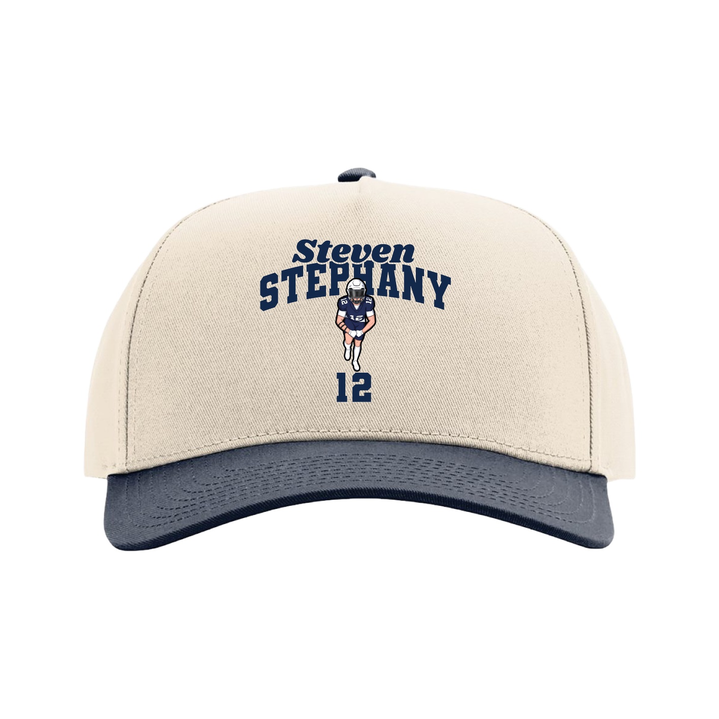 Full Fabric Five-Panel Champ Cap — Signature Arch in Cream/Navy