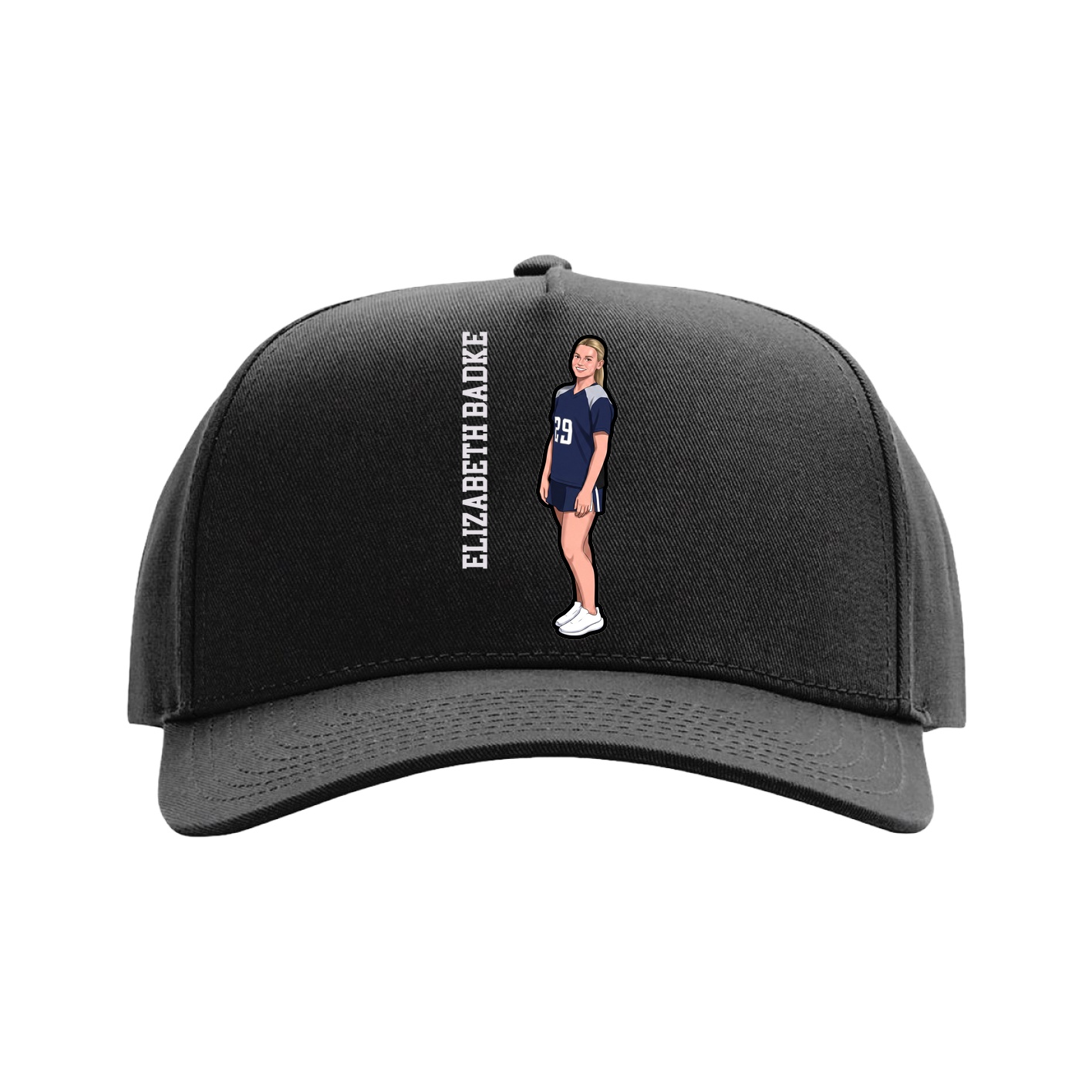 Full Fabric Five-Panel Champ Cap — Name Vertical in Black