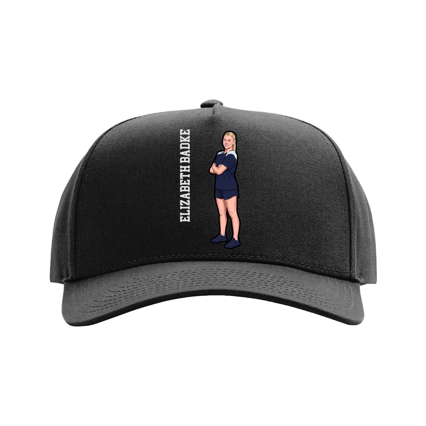 Full Fabric Five-Panel Champ Cap — Name Vertical in Black