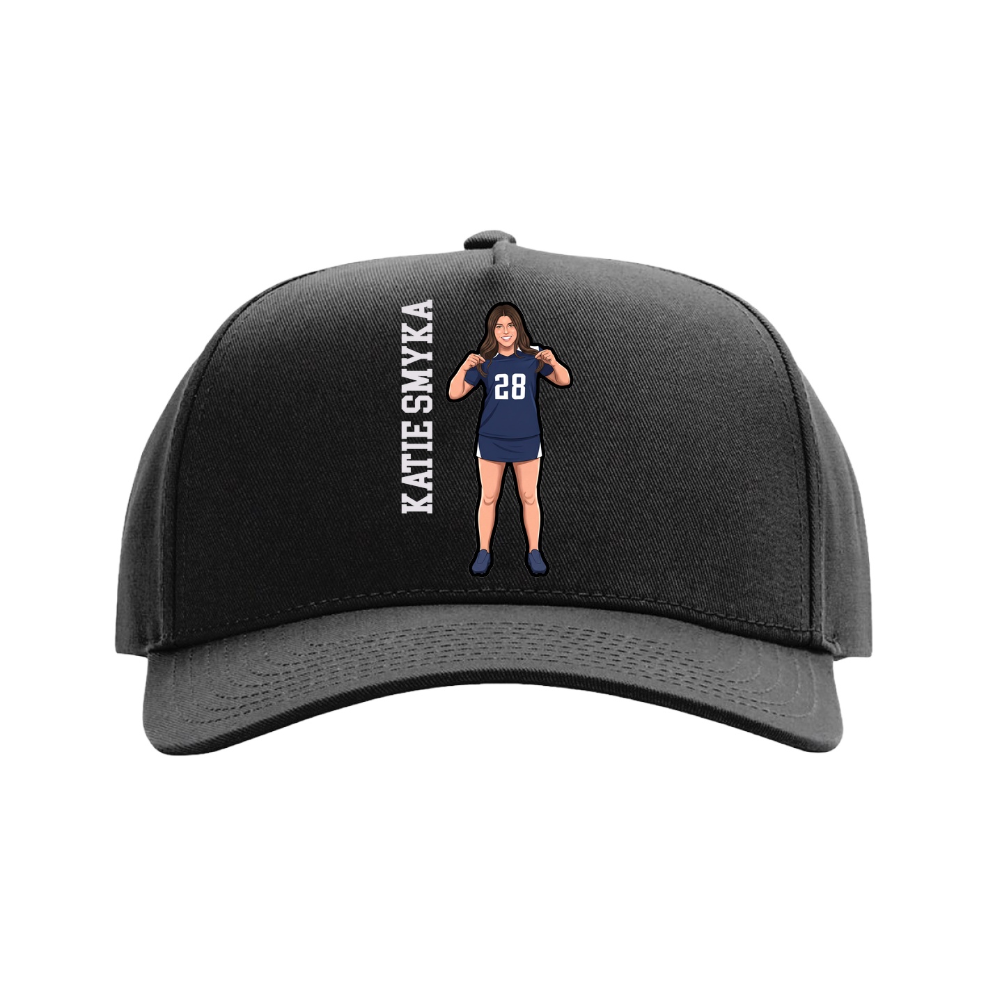 Full Fabric Five-Panel Champ Cap — Name Vertical in Black