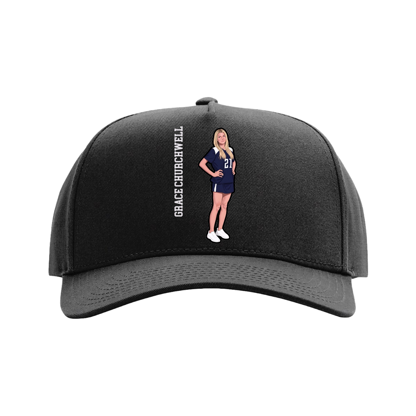 Full Fabric Five-Panel Champ Cap — Name Vertical in Black