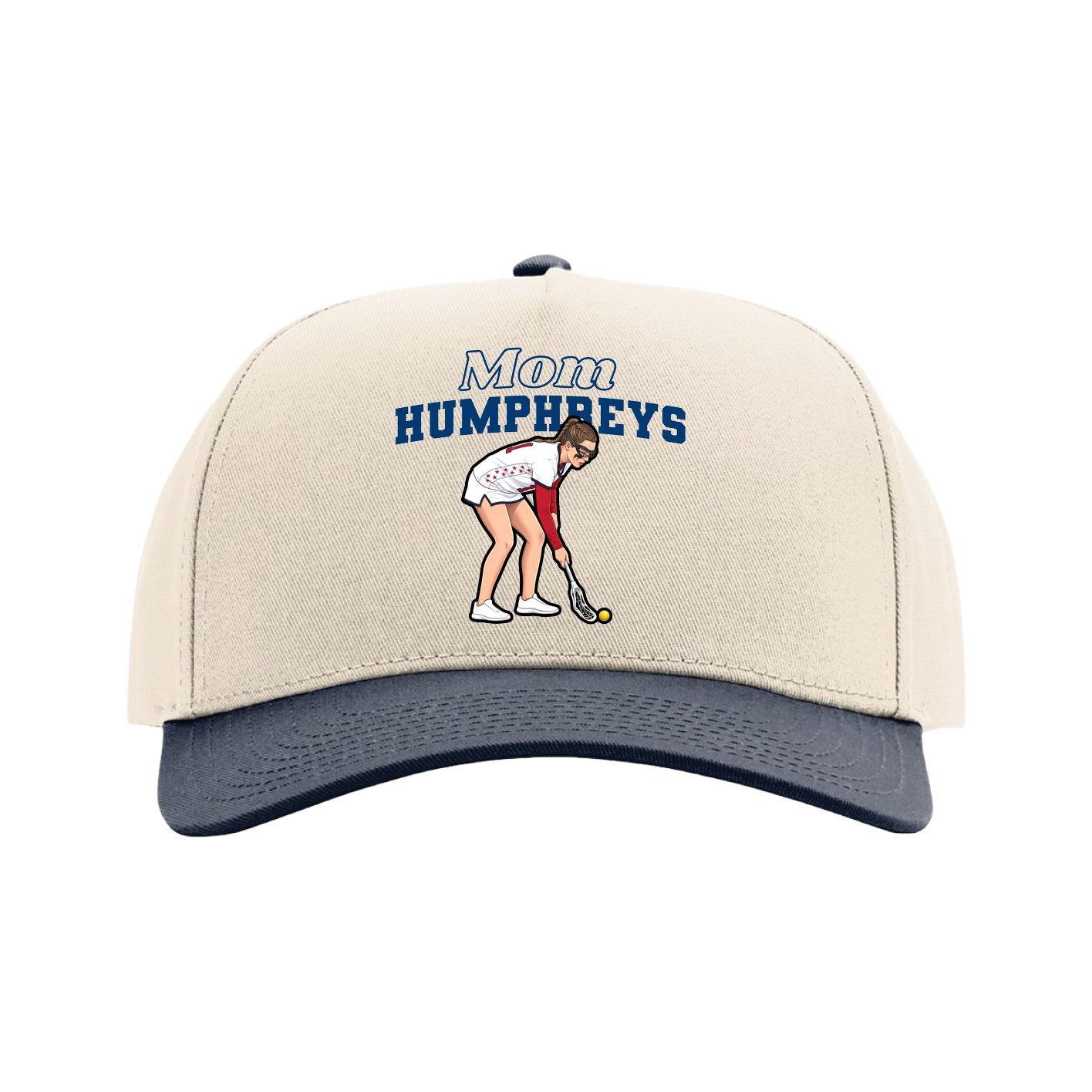 Full Fabric Five-Panel Champ Cap — Mothers Day Block in Cream/Navy