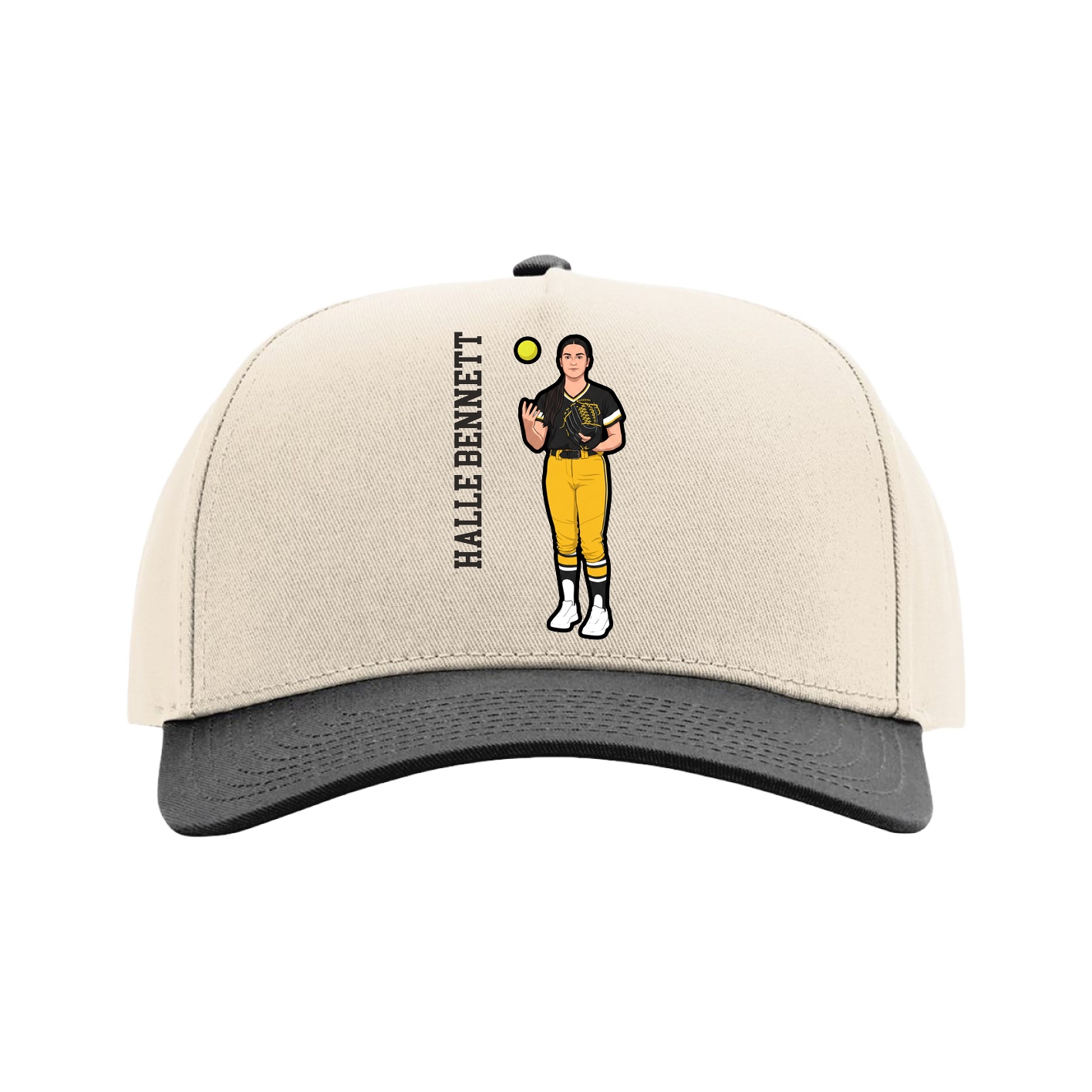 Full Fabric Five-Panel Champ Cap — Name Vertical in Cream/Black