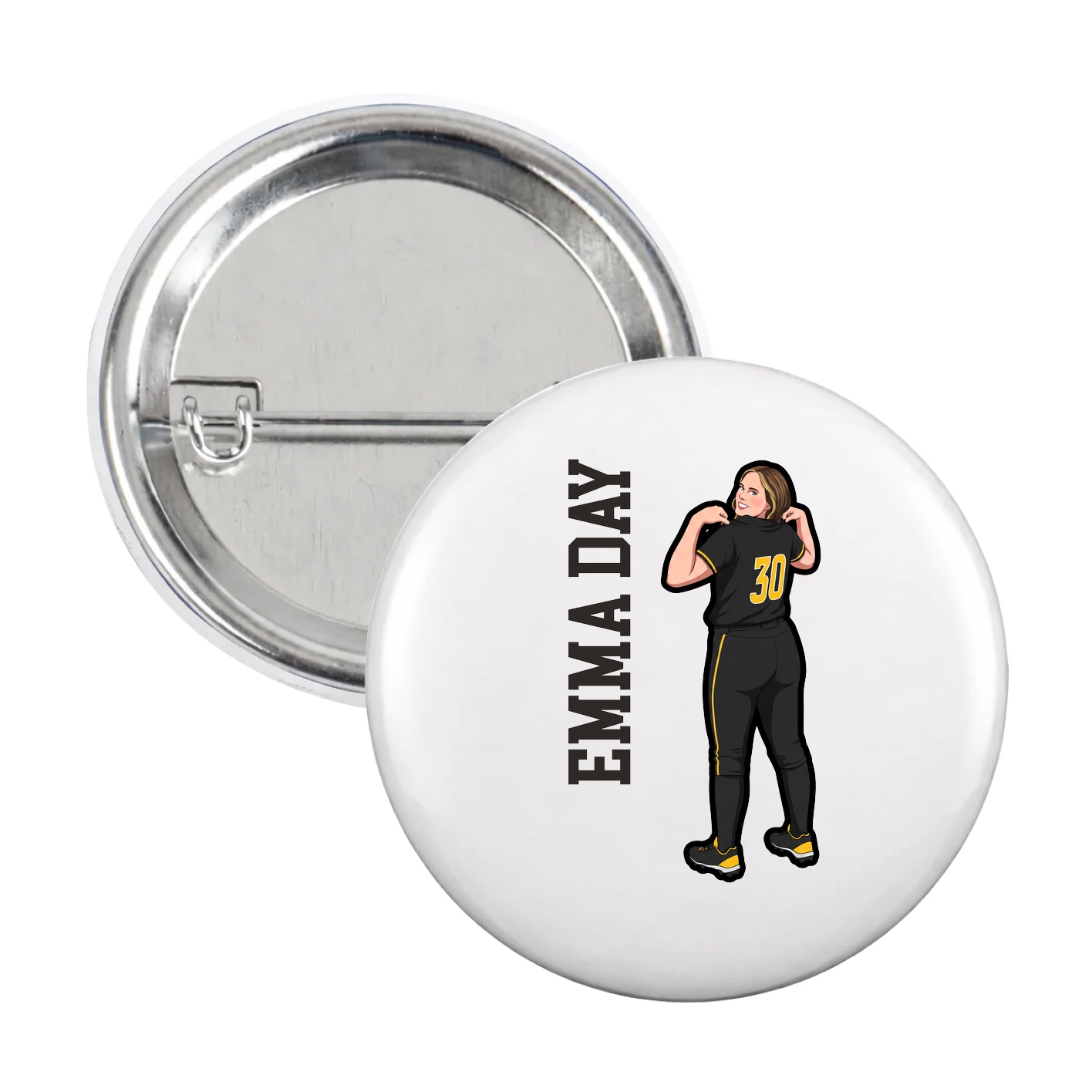 Game Day Button — Name Vertical in White
