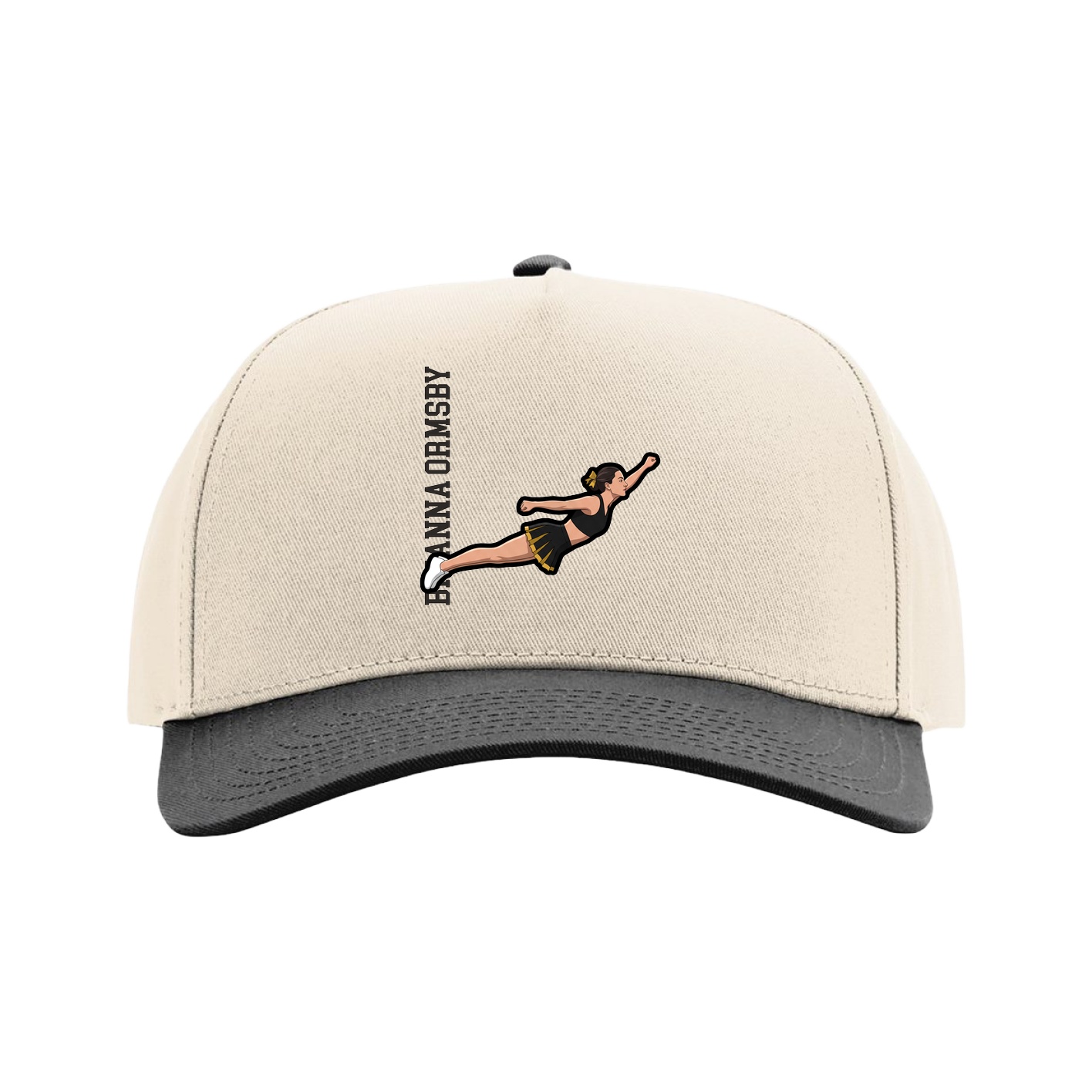 Full Fabric Five-Panel Champ Cap — Name Vertical in Cream/Black