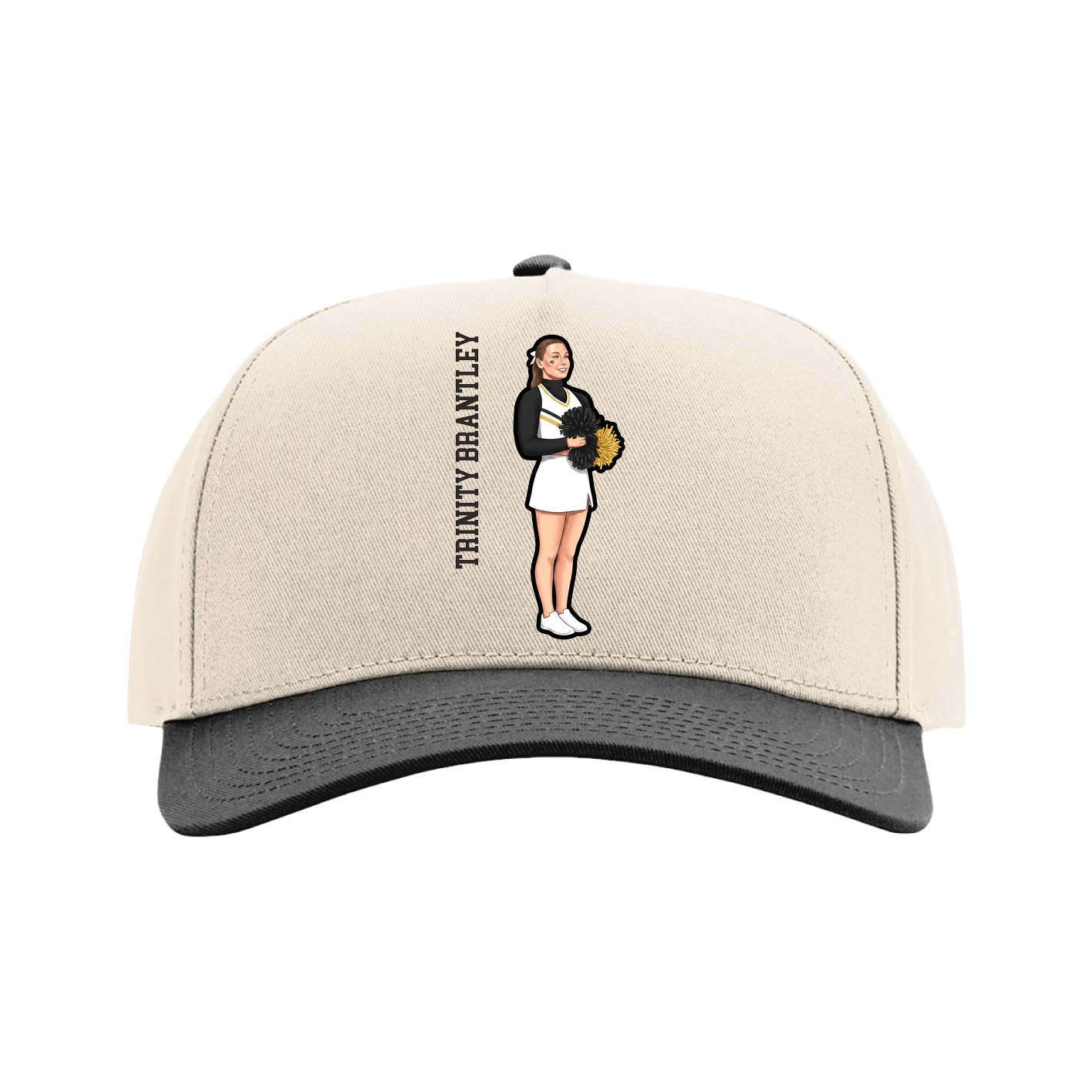 Full Fabric Five-Panel Champ Cap — Name Vertical in Cream/Black