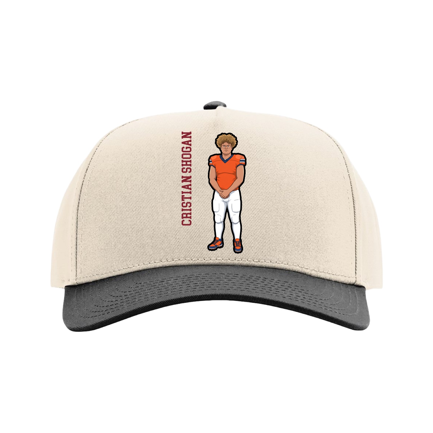 Full Fabric Five-Panel Champ Cap — Name Vertical in Cream/Black