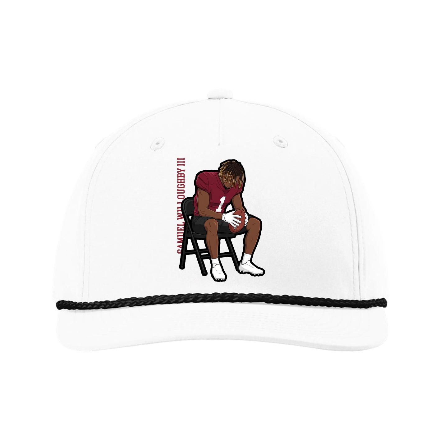 Five-Panel Classic Rope Cap — Name Vertical in White
