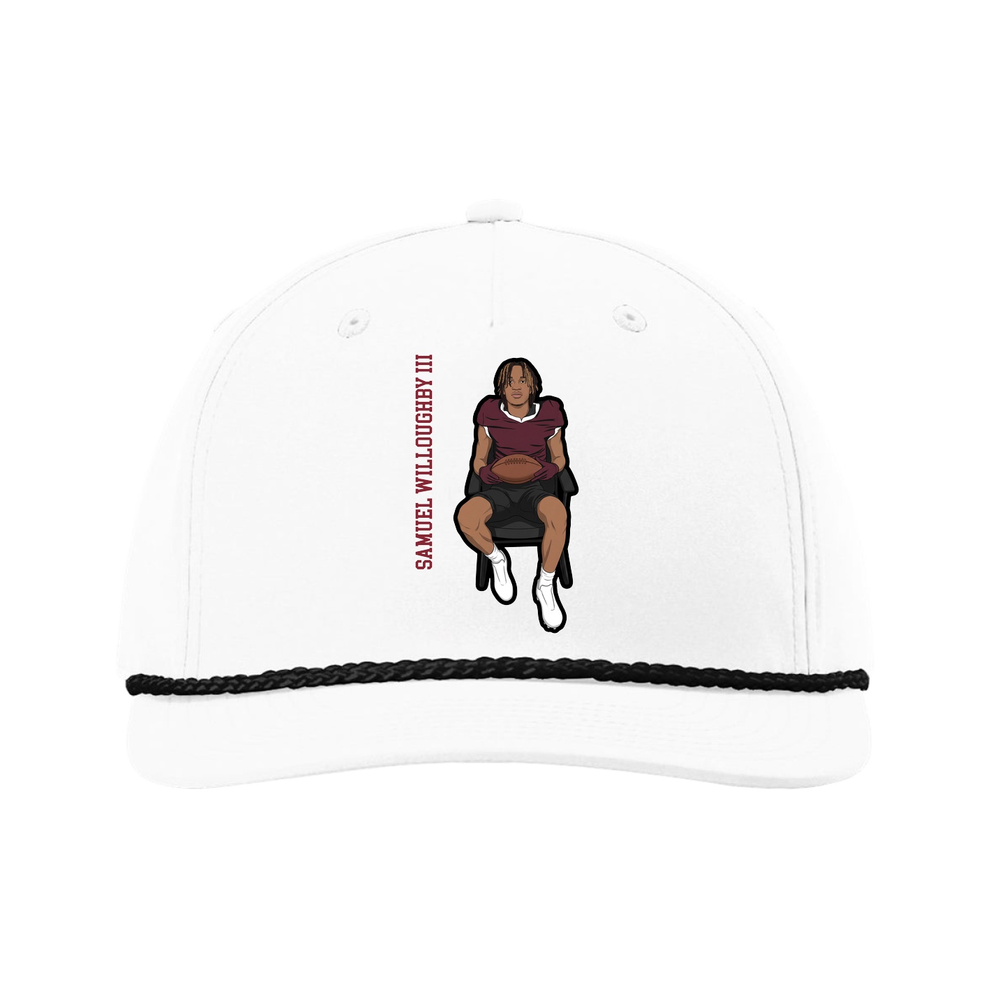 Five-Panel Classic Rope Cap — Name Vertical in White