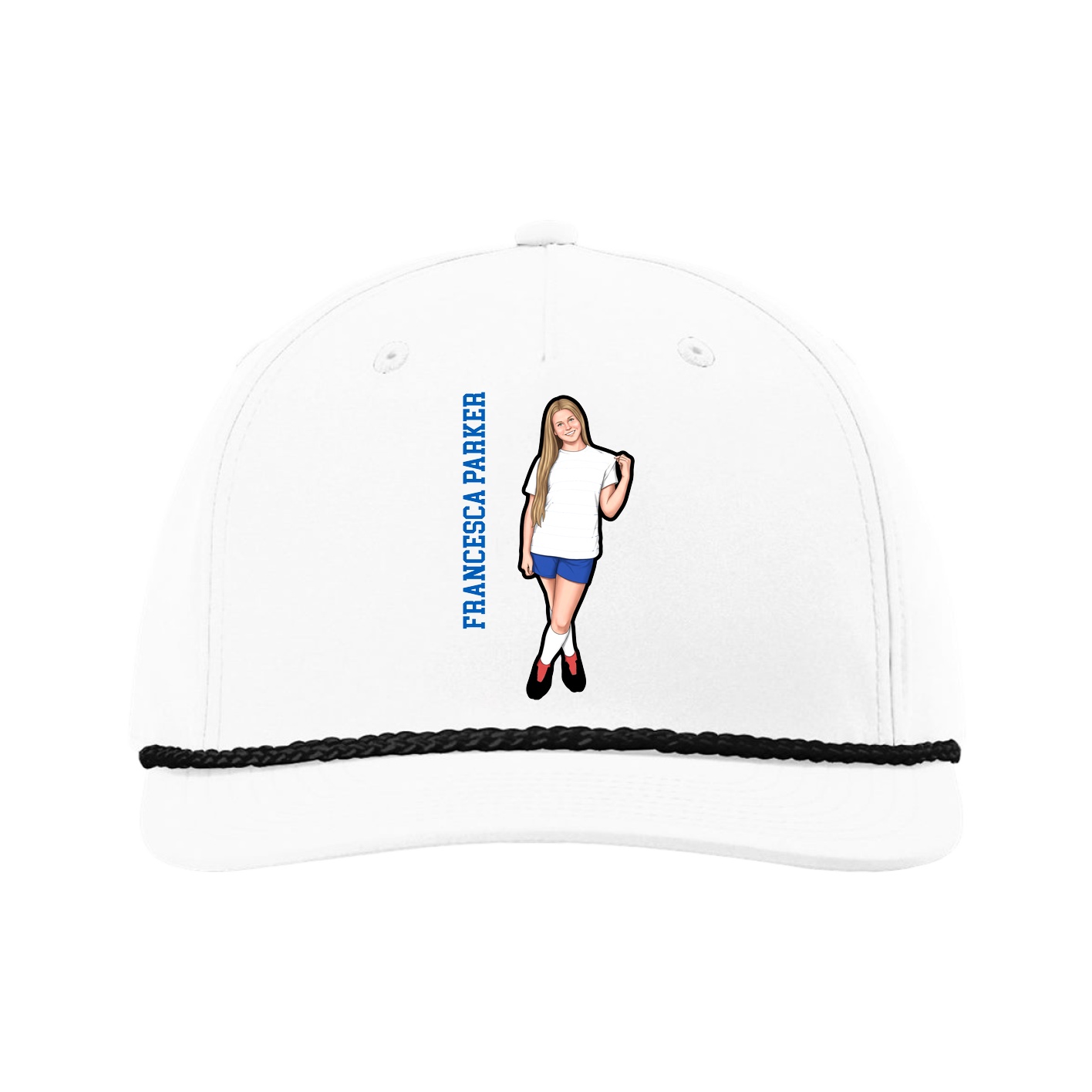 Five-Panel Classic Rope Cap — Name Vertical in White