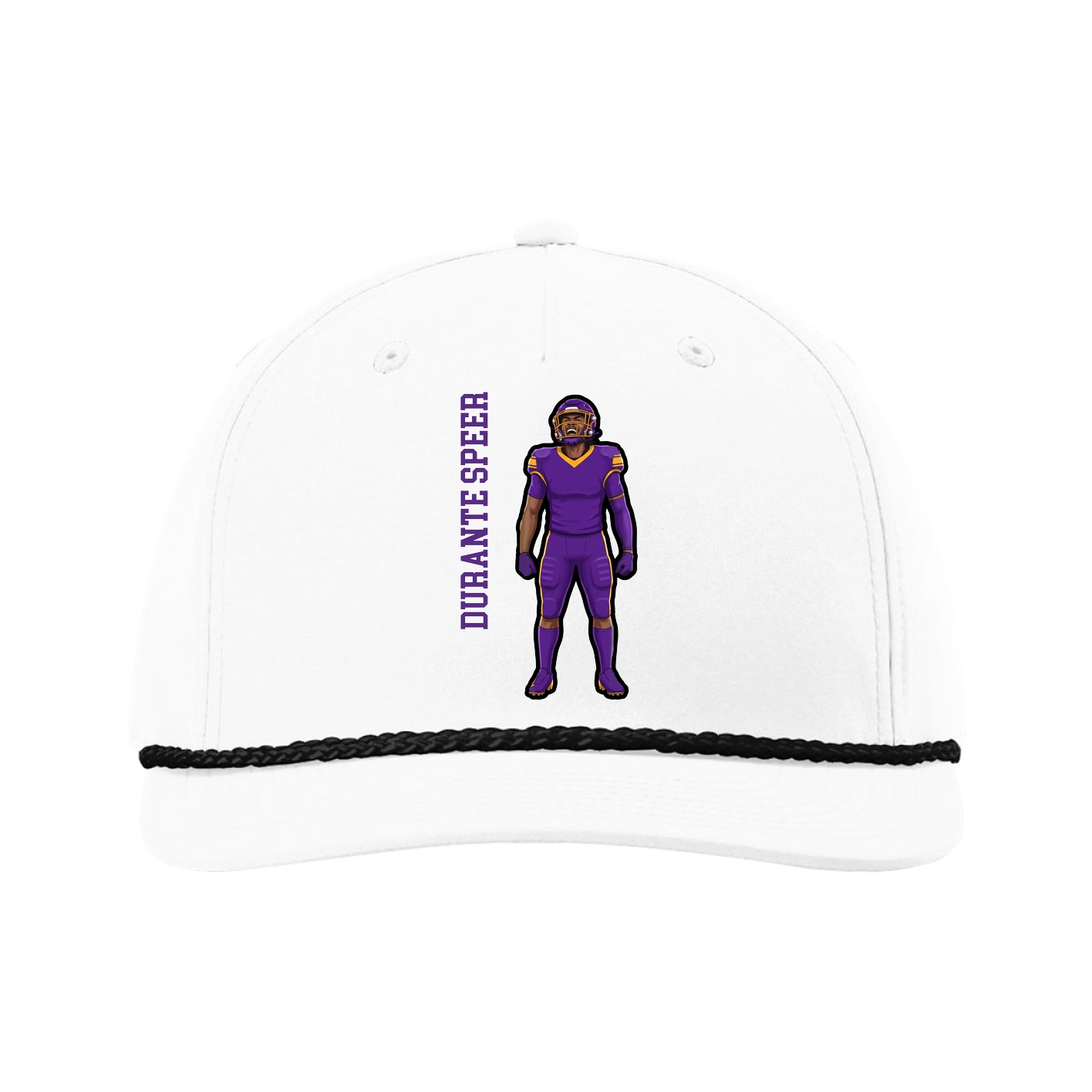 Five-Panel Classic Rope Cap — Name Vertical in White
