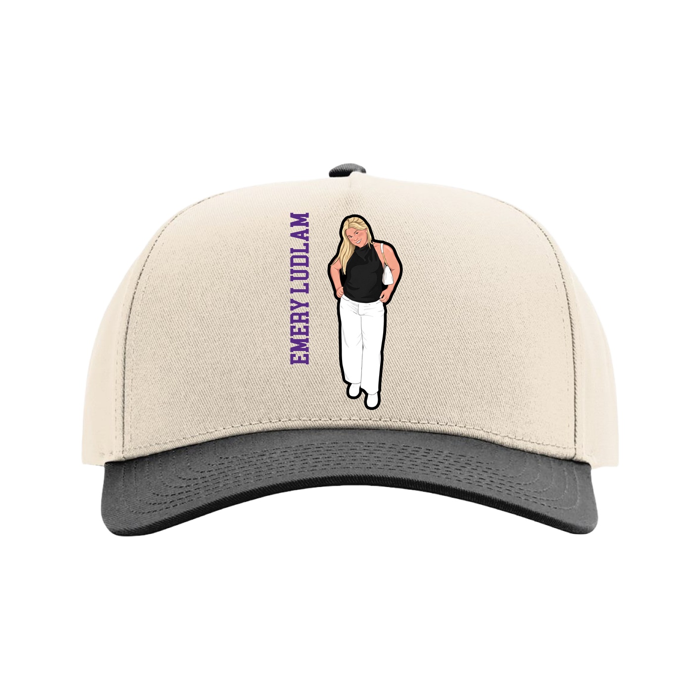 Full Fabric Five-Panel Champ Cap — Name Vertical in Cream/Black