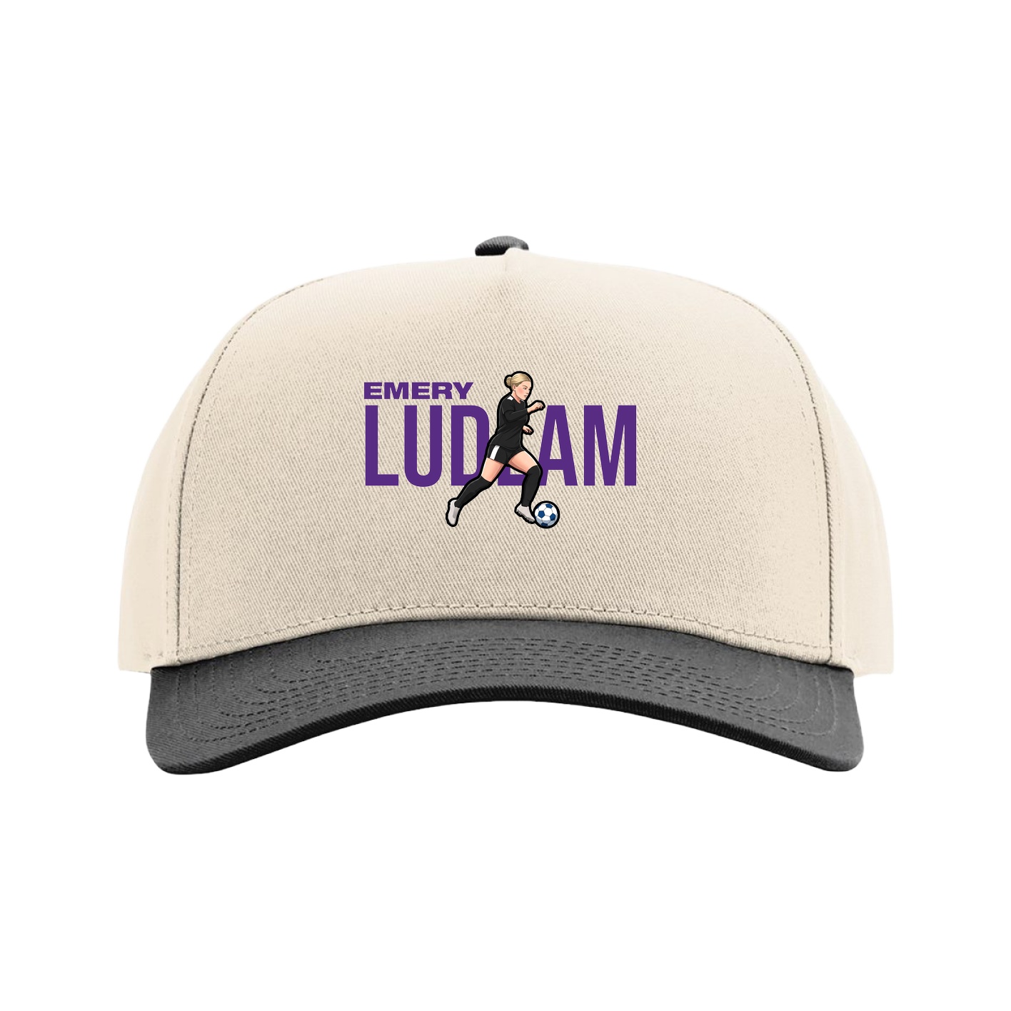 Full Fabric Five-Panel Champ Cap — Player Name in Cream/Black