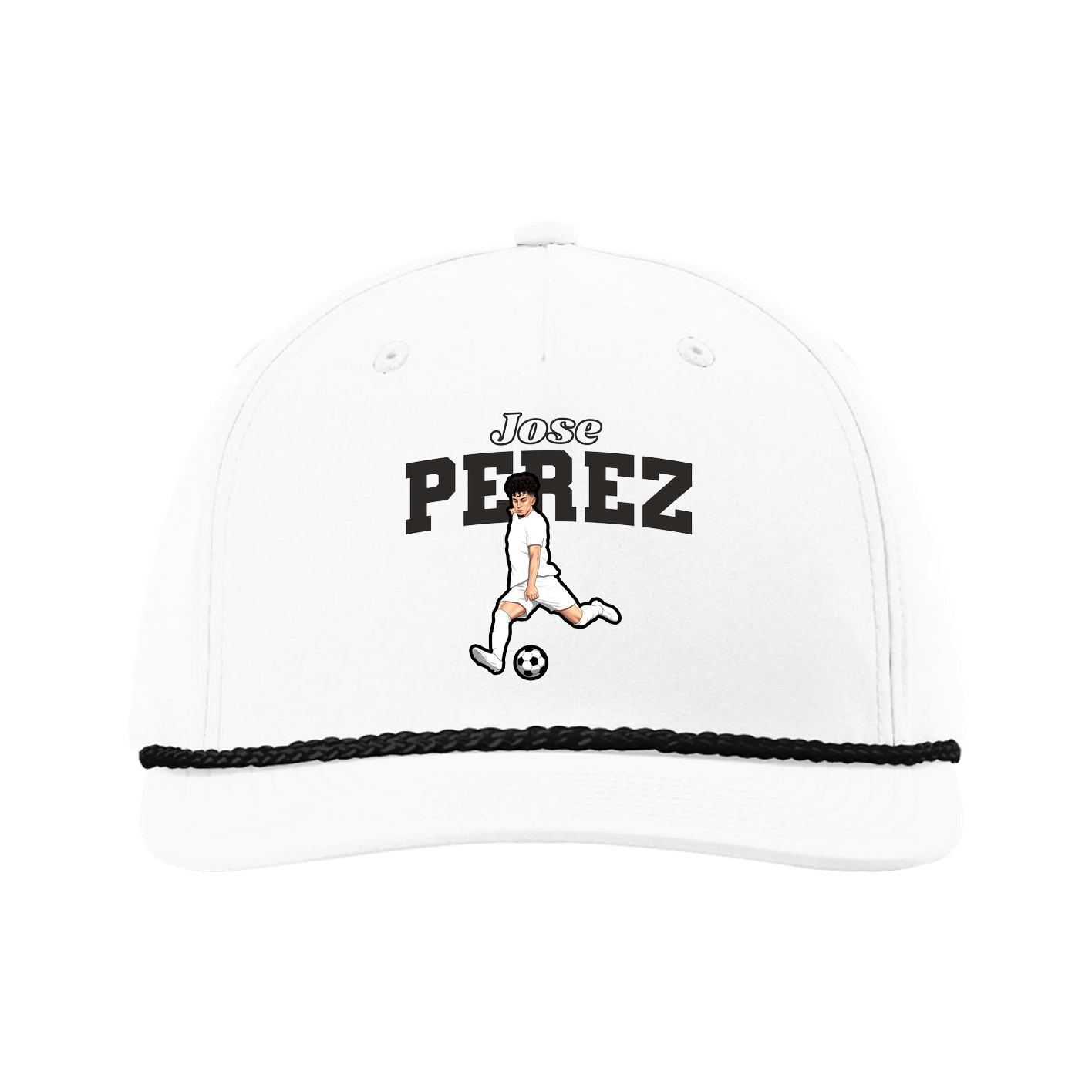Five-Panel Classic Rope Cap — Name Arch in White