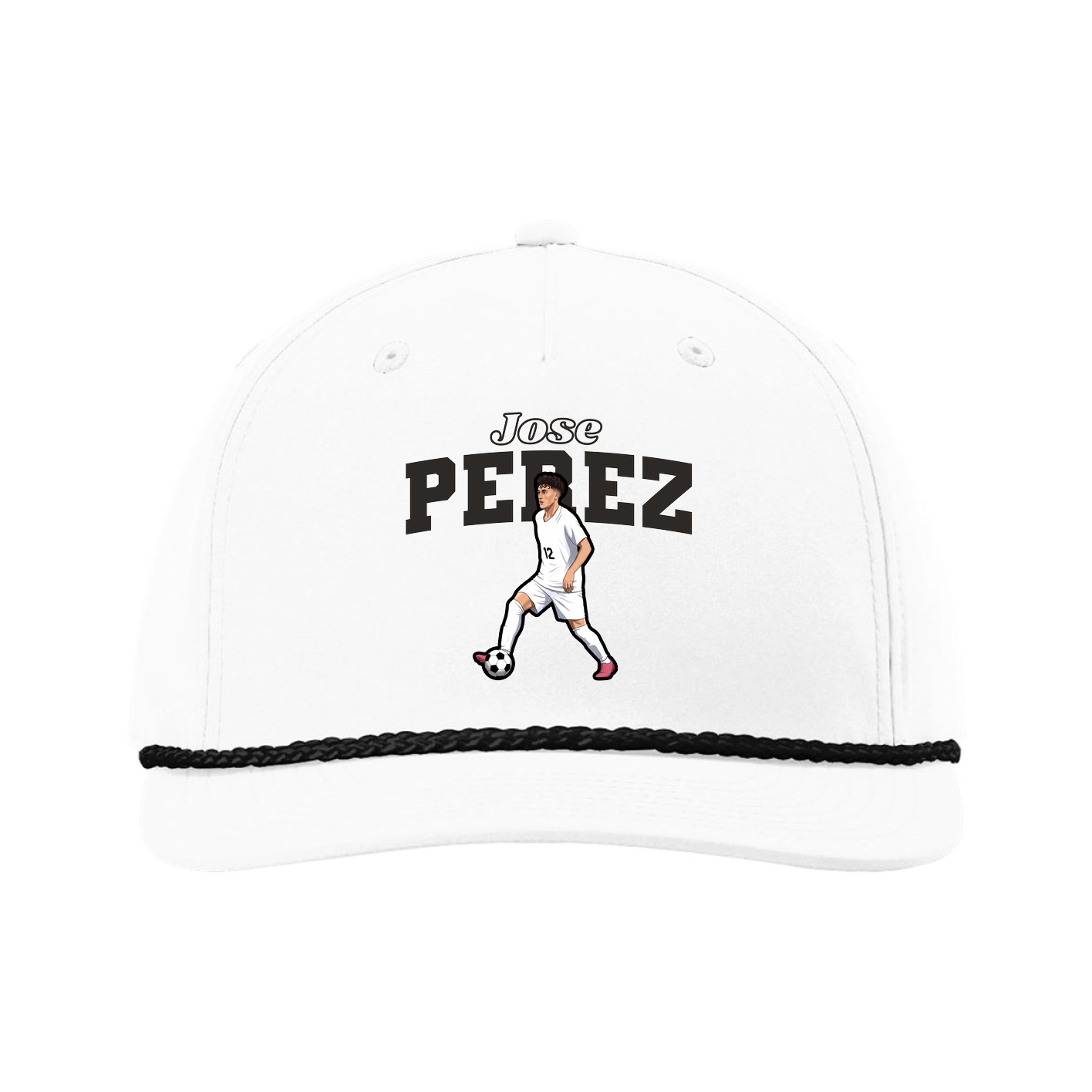 Five-Panel Classic Rope Cap — Name Arch in White