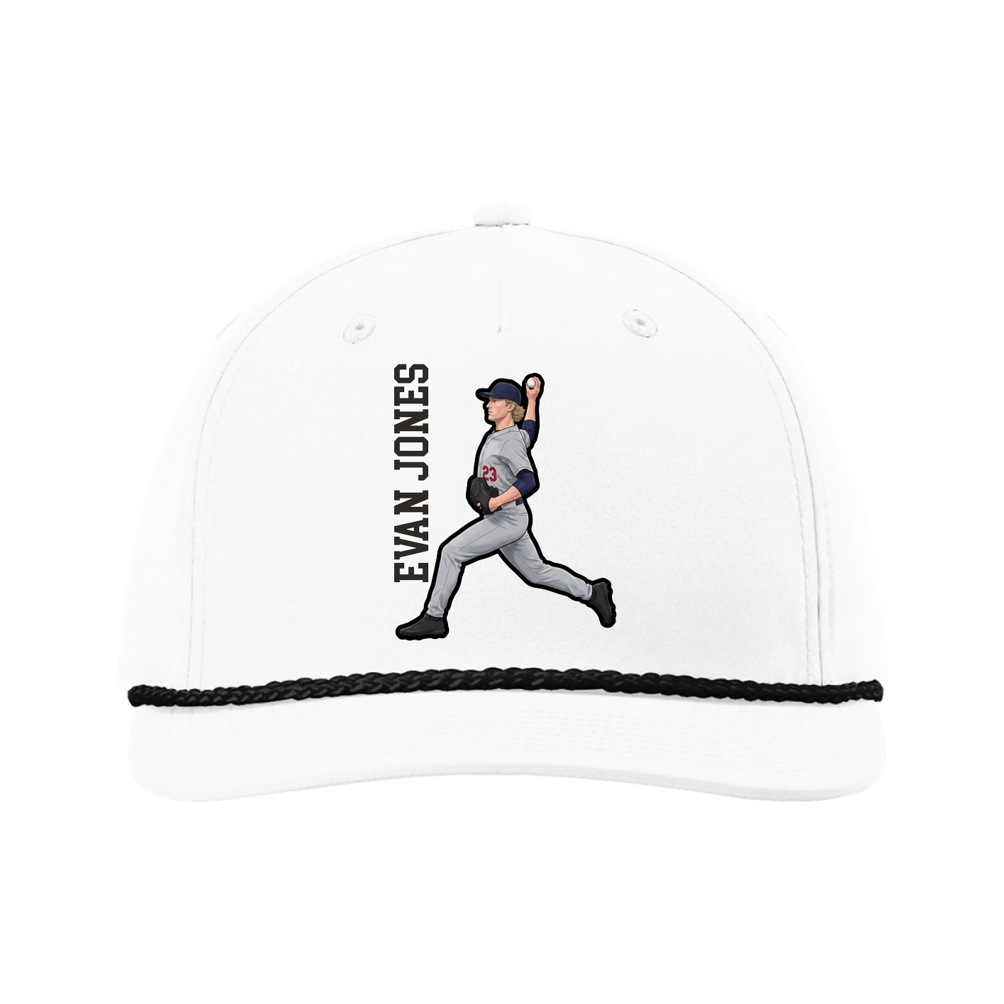 Five-Panel Classic Rope Cap — Name Vertical in White