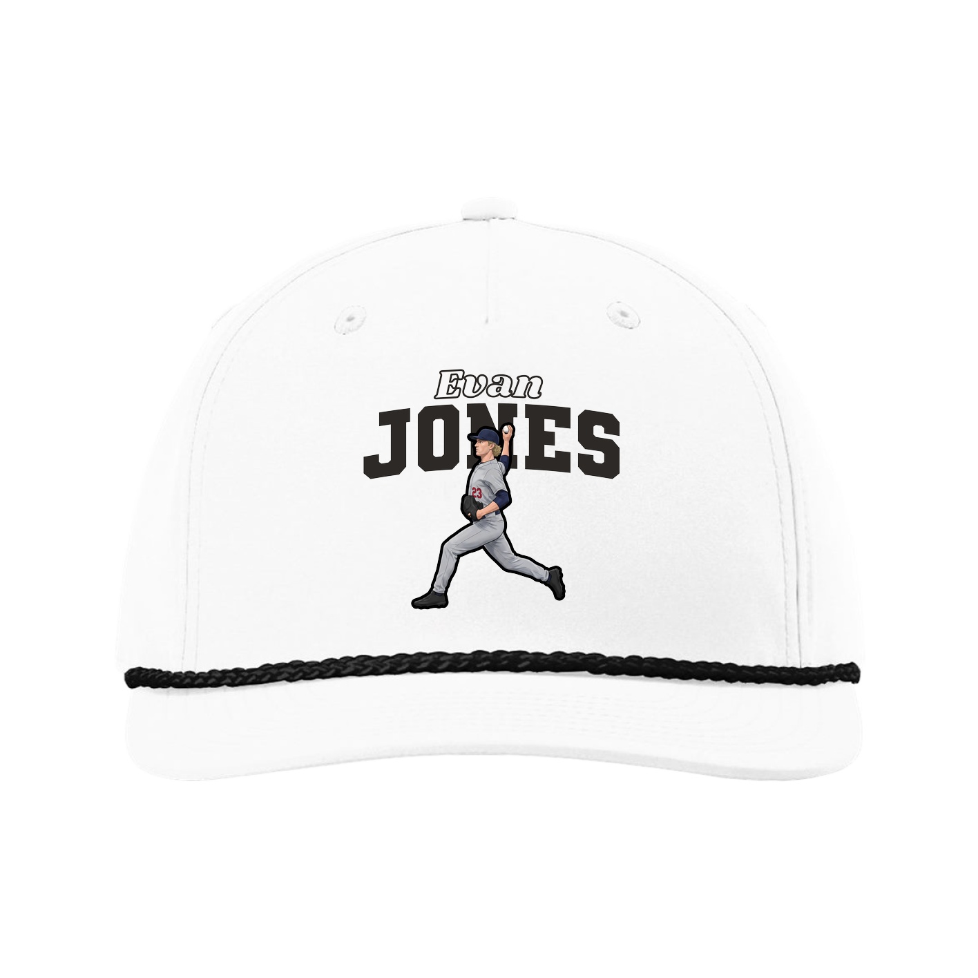 Five-Panel Classic Rope Cap — Name Arch in White