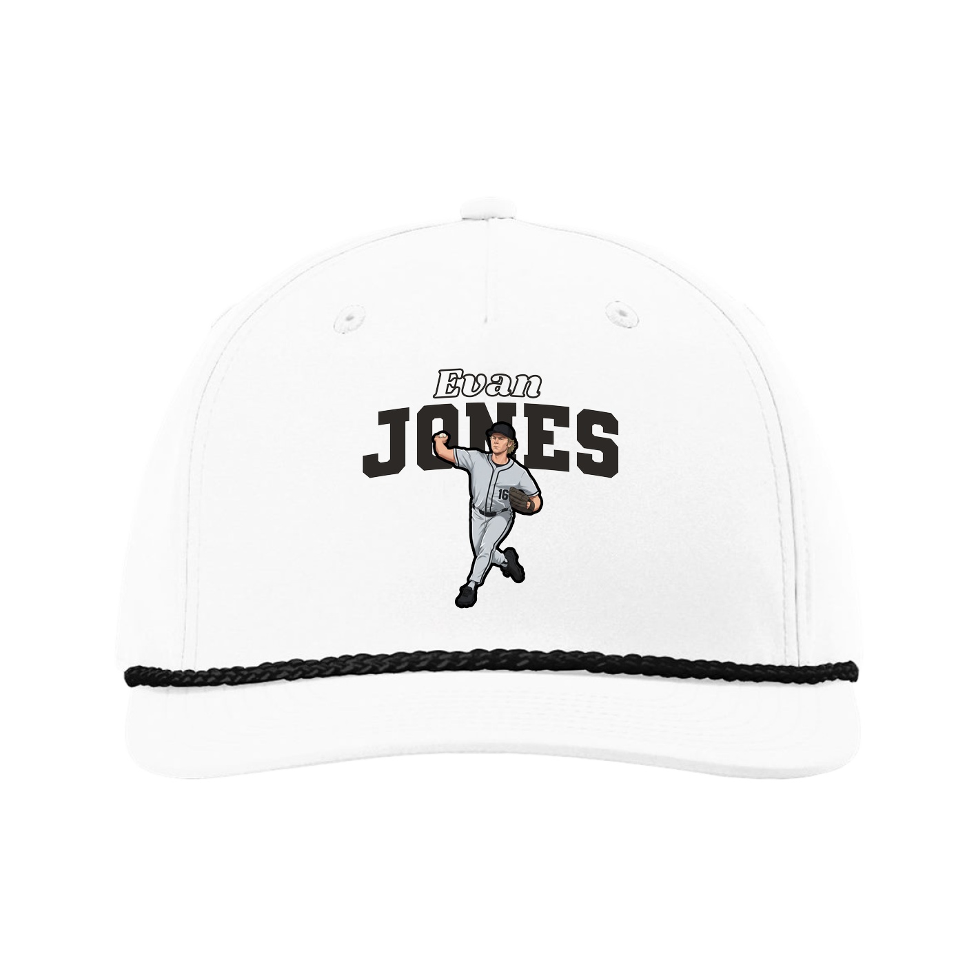 Five-Panel Classic Rope Cap — Name Arch in White