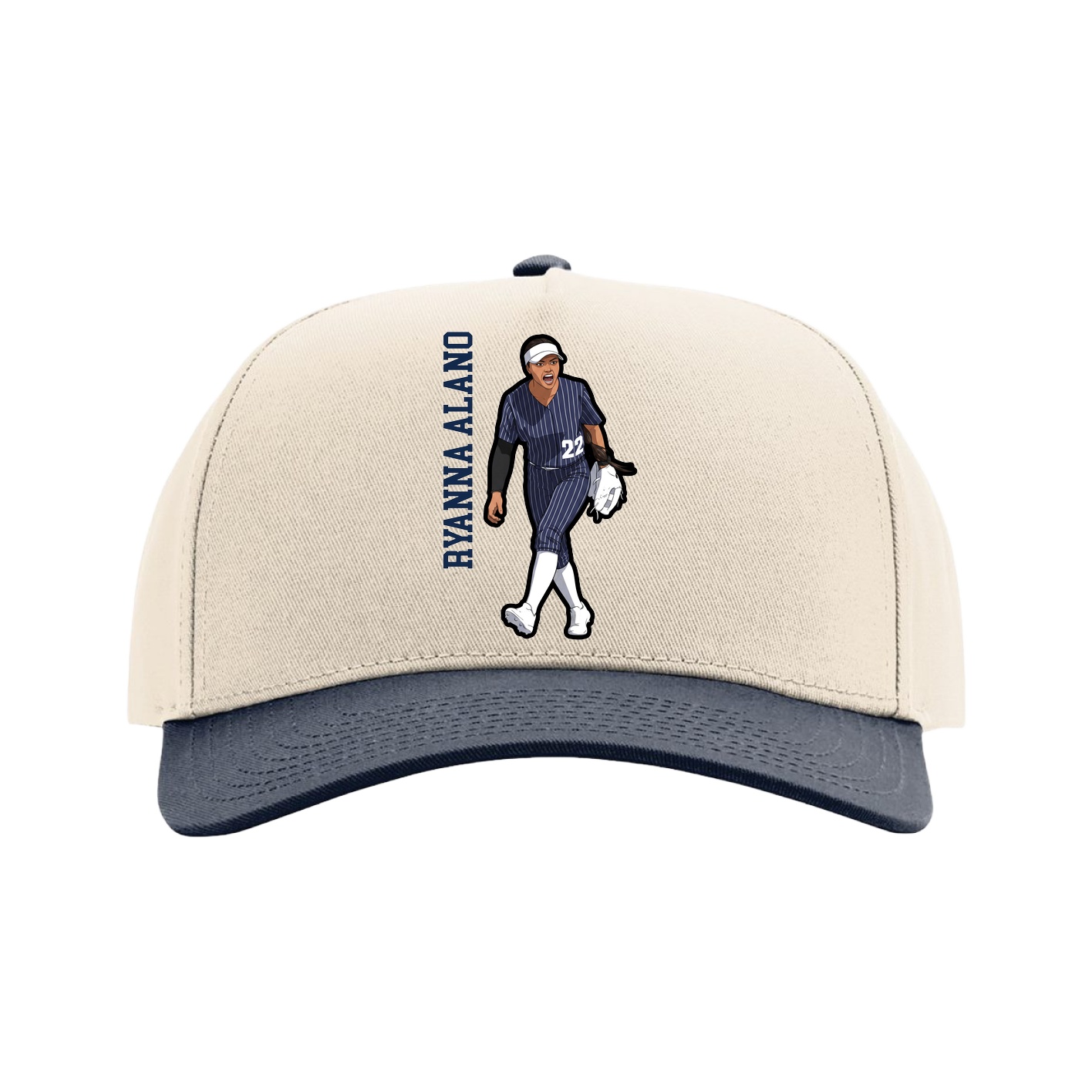 Full Fabric Five-Panel Champ Cap — Name Vertical in Cream/Navy